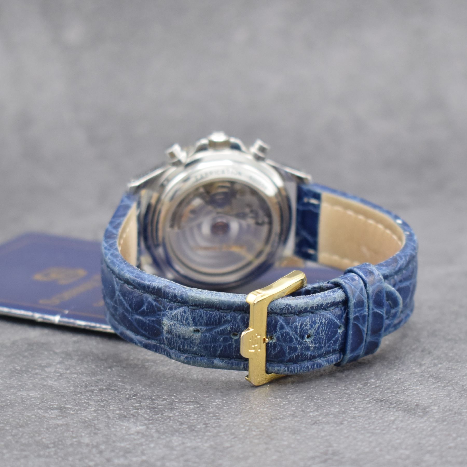 Detail f: SCHWARZ ETIENNE Armbandchronograph Routemaster, Automatik, Ref. 581511, Edelstahlgeh. inkl. Lederband m. orig. Dornschl., Goldlünette m. ...
