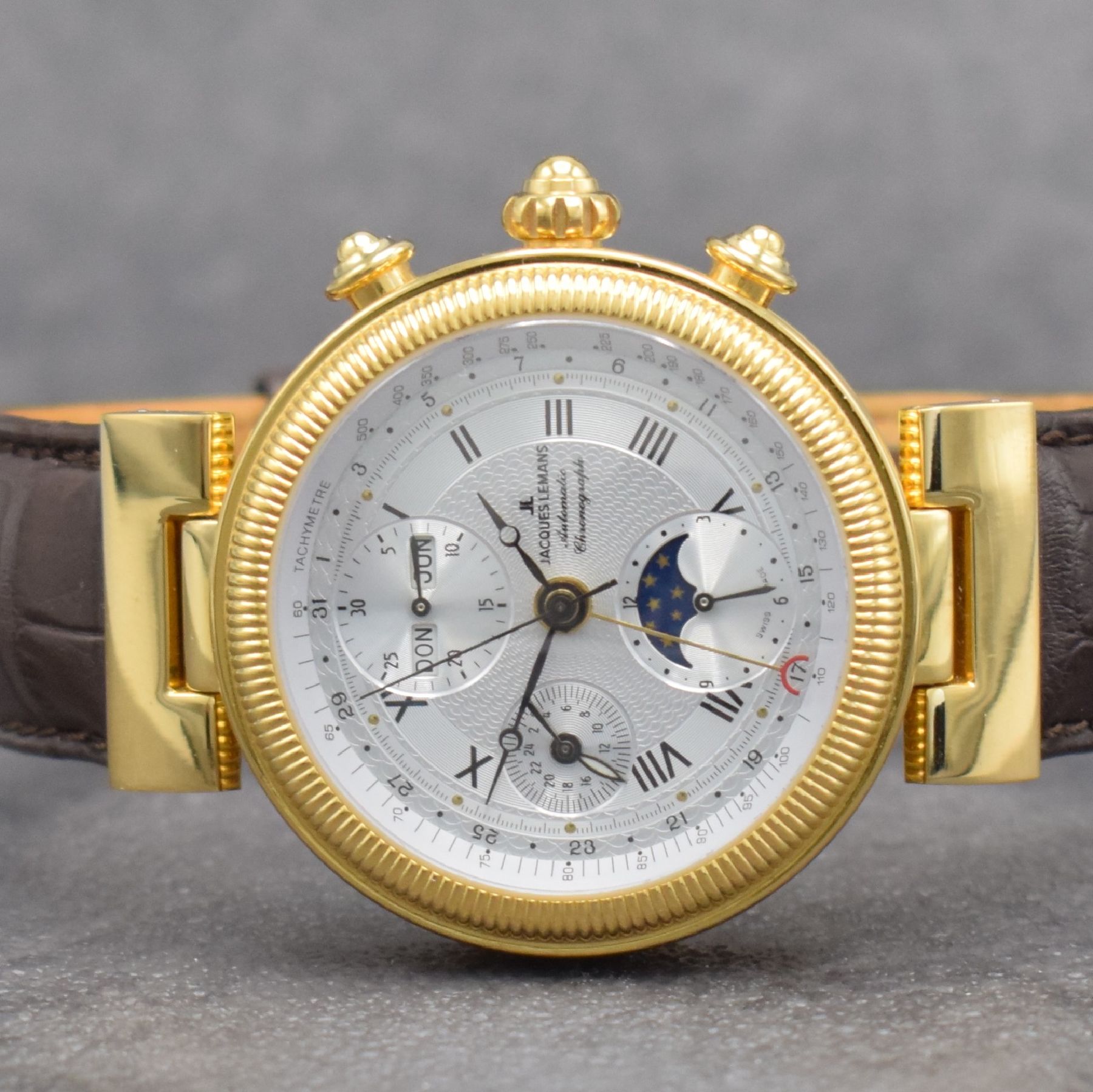 Detail a: JACQUES LEMANS Chronograph Complique Herrenarmbanduhr m. Chronograph & Vollkalender, Schweiz verk. 09/2012, Automatik, beids. vergl. verg. Gehäuse, ...