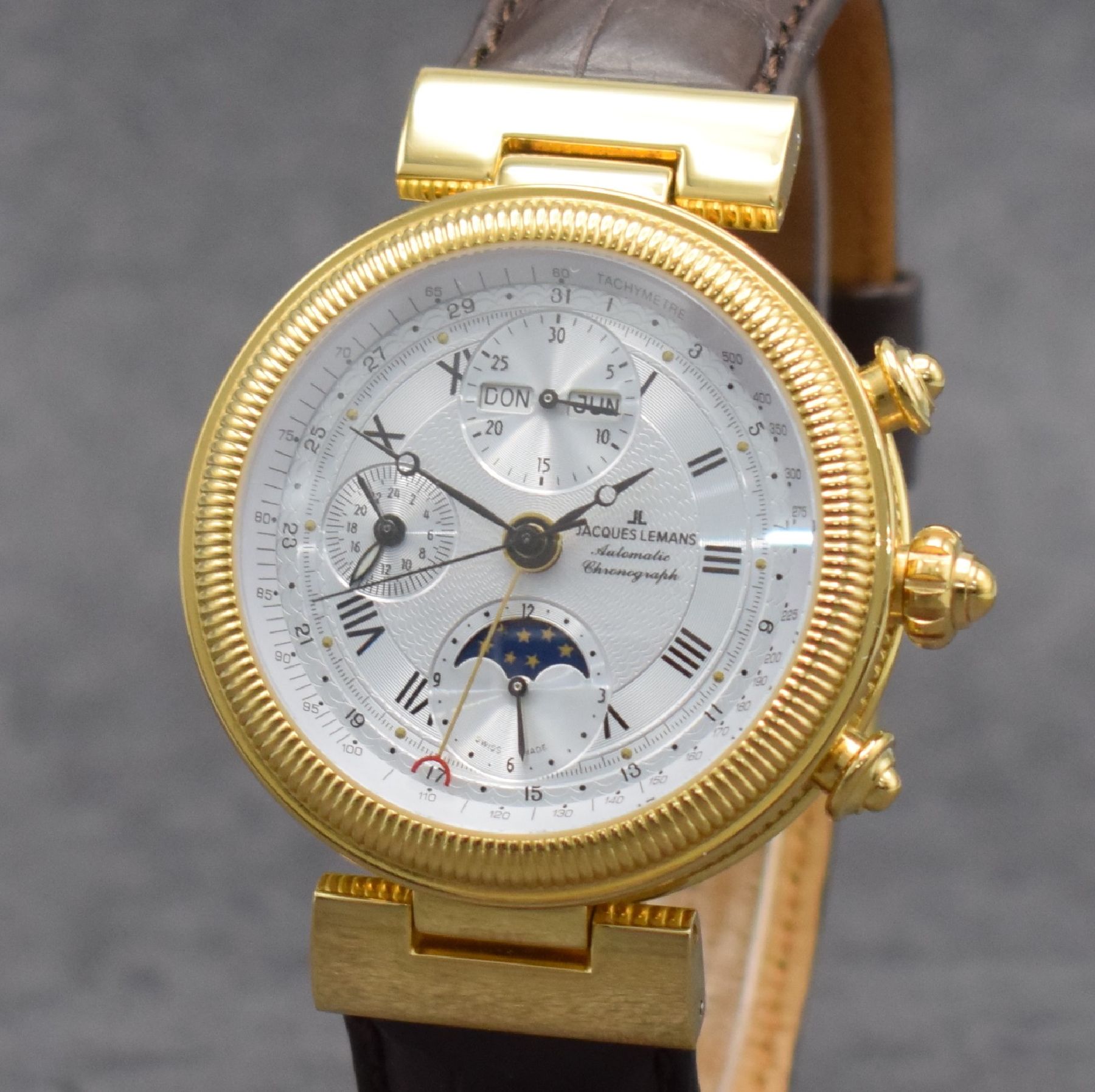 Detail c: JACQUES LEMANS Chronograph Complique Herrenarmbanduhr m. Chronograph & Vollkalender, Schweiz verk. 09/2012, Automatik, beids. vergl. verg. Gehäuse, ...
