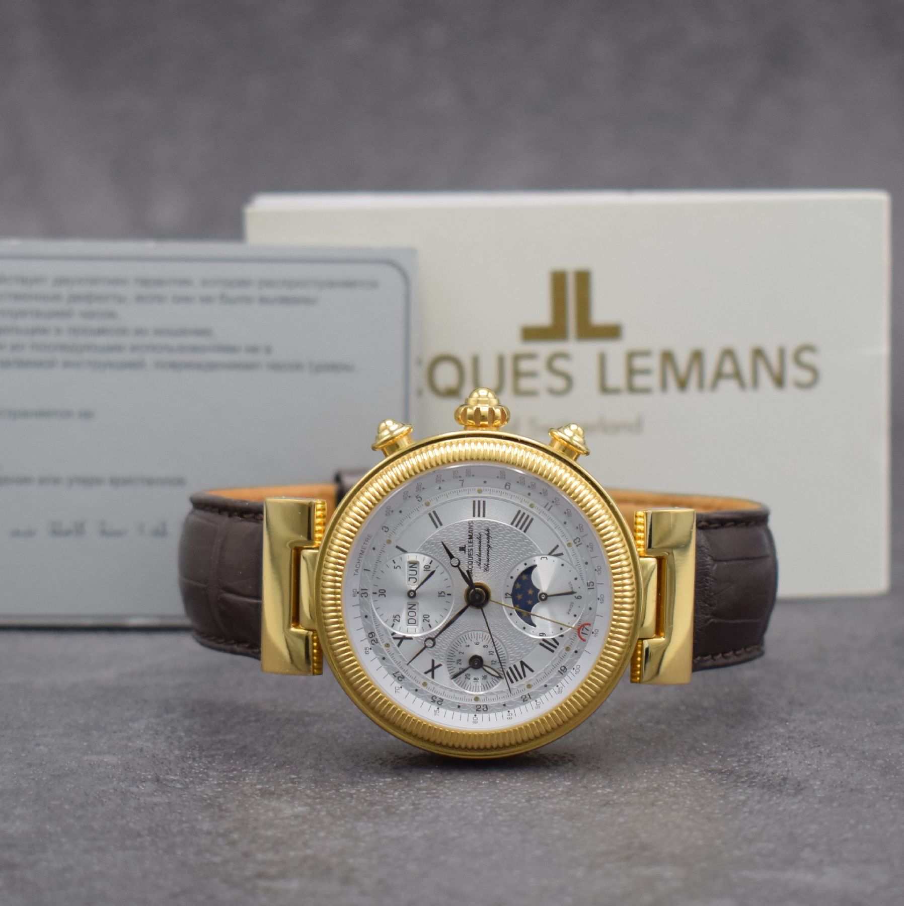 Detail g: JACQUES LEMANS Chronograph Complique Herrenarmbanduhr m. Chronograph & Vollkalender, Schweiz verk. 09/2012, Automatik, beids. vergl. verg. Gehäuse, ...