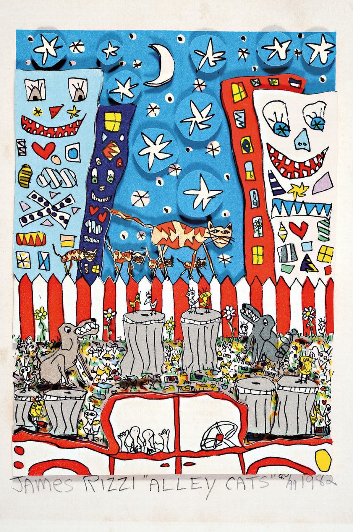 James Rizzi, 1950-2011, "Alley cats", 3D-Konstruktion, handsign., num.80/99, dat. 1982, ca. 26x20 cm, stockflecken
