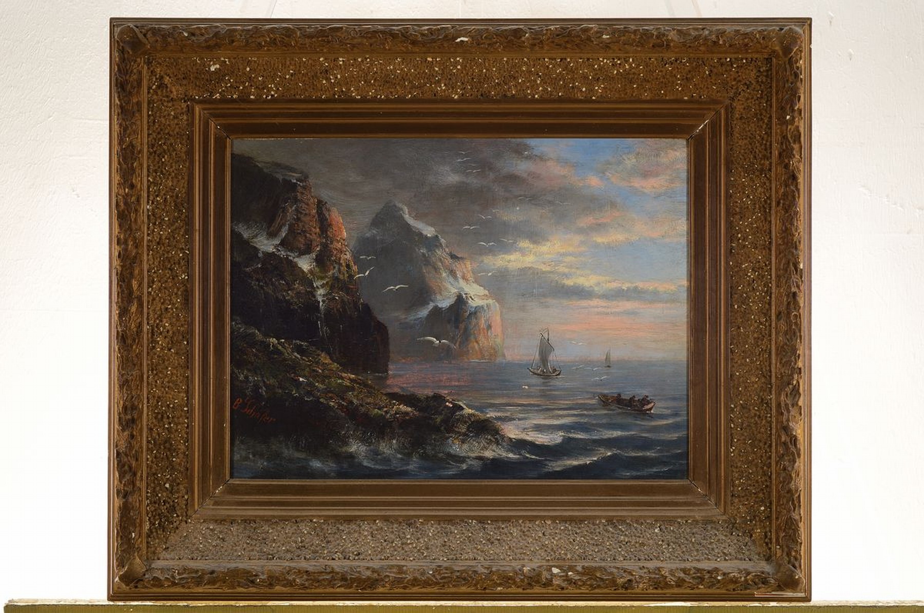 Detail k: Unbekannter Künstler, um 1880/90, Boote vor Küstenlandschaft, Öl/Lwd, unsigniert, ca. 30 x 40 cm, Prunkrahmen l. best., ca. 49 x 59 cm