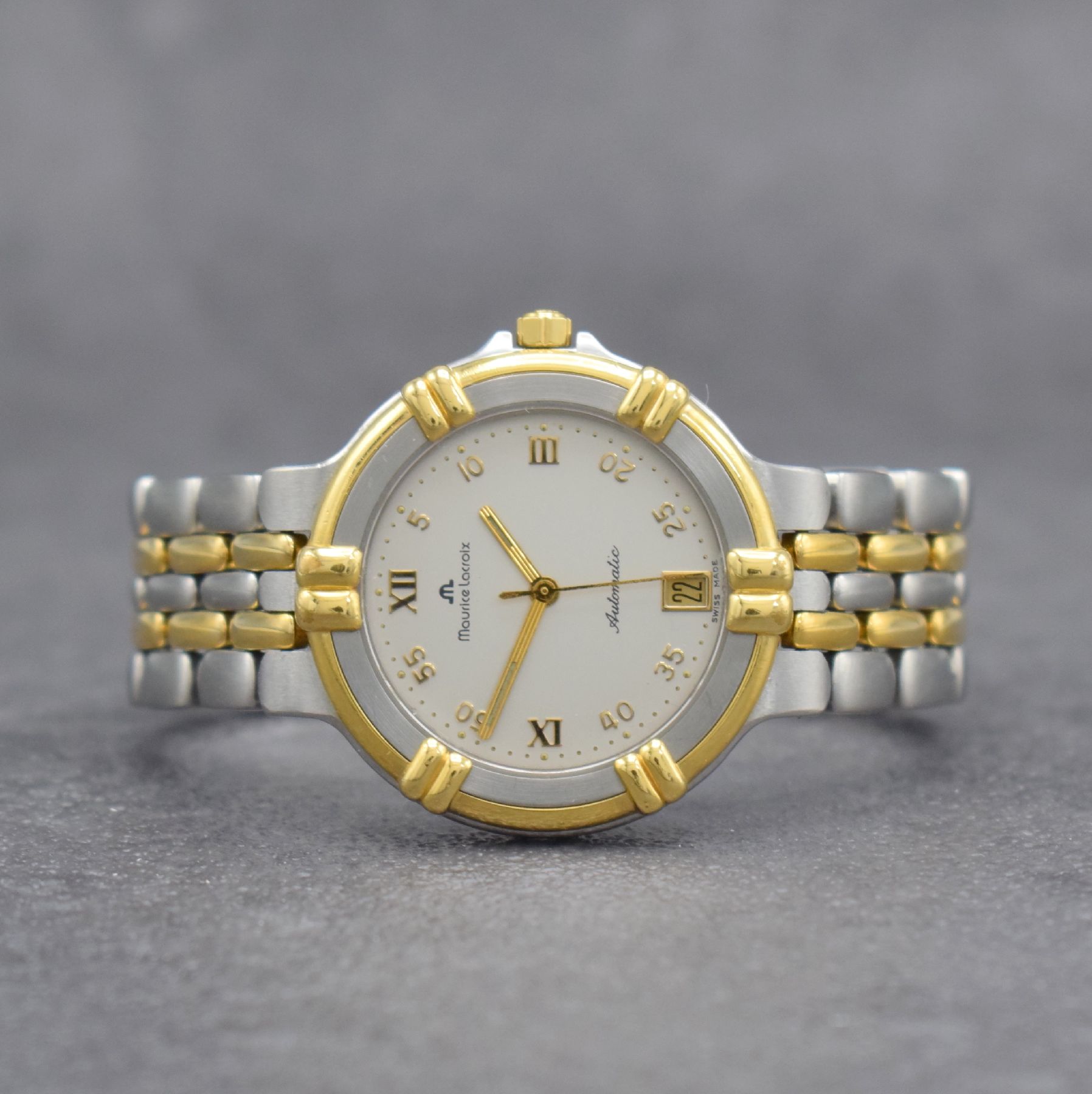 MAURICE LACROIX Herrenarmbanduhr Modell Calypso, Schweiz um 2000, Automatik, beids. vergl. Stahlgeh. z. T. verg., Boden aufgedr., Krone verschr., ...
