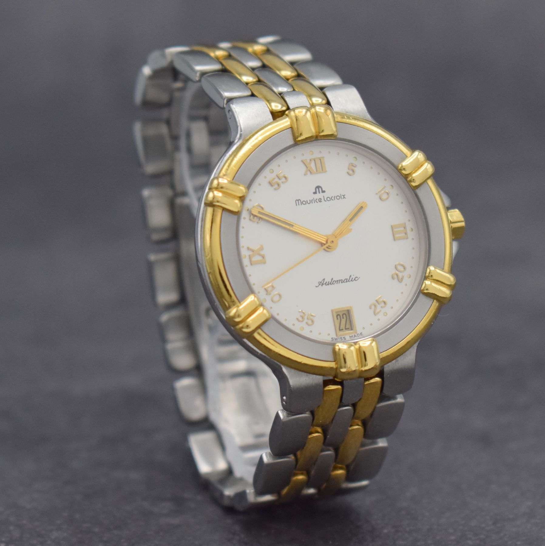 Detail d: MAURICE LACROIX Herrenarmbanduhr Modell Calypso, Schweiz um 2000, Automatik, beids. vergl. Stahlgeh. z. T. verg., Boden aufgedr., Krone verschr., ...