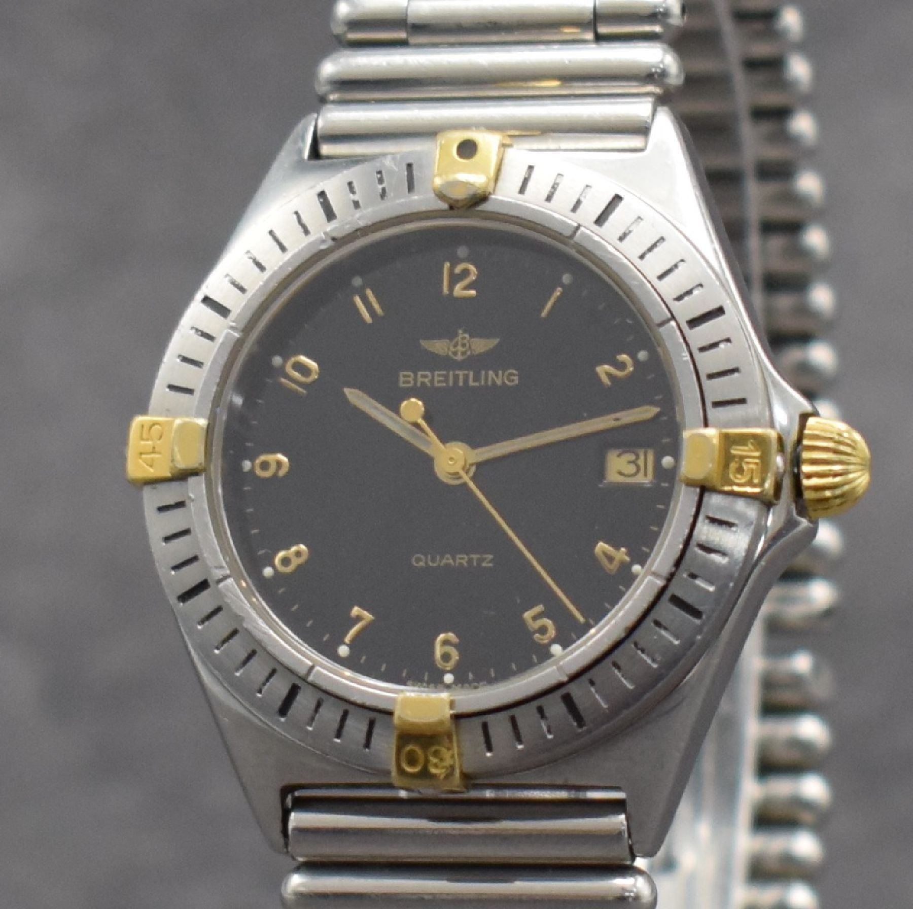 Detail e: BREITLING Damenarmbanduhr Callisto, Schweiz um 1990, quarz, Ref. 80510, Edelstahl/Gold komb. inkl. Roleauxband m. dopp. Faltschl., Boden & Krone (zu ...