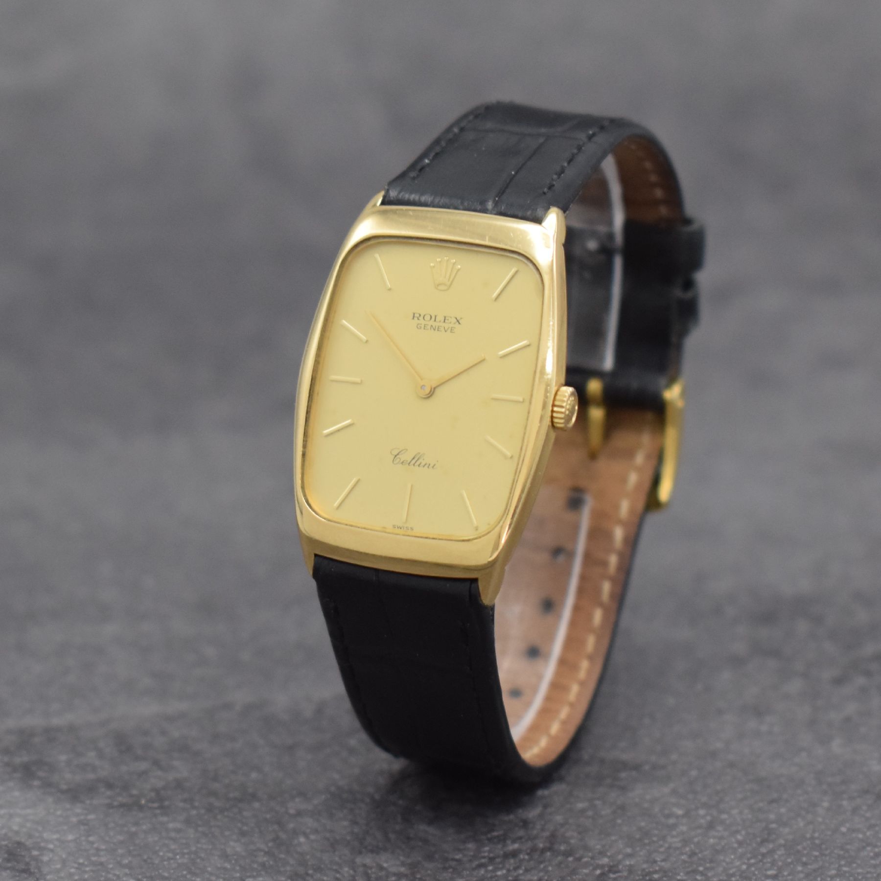 Detail b: ROLEX Cellini Armbanduhr in GG 750/000 Referenz 4136, Handaufzug, Schweiz um 1991, Boden aufgedr., neutr.. Lederband, champagnerfarb. Zifferbl. m. ...