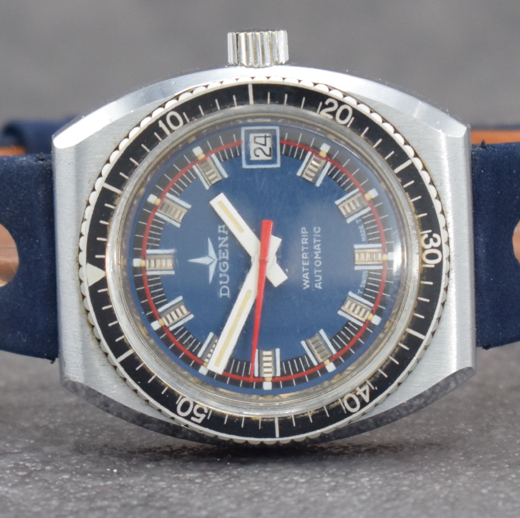 Detail a: DUGENA Armbanduhr im Taucherdesign, Automatik, Schweiz um 1970, Ref. 4327-0419, verchr. Geh., Edelstahlboden verschr., Lün. 60er teil. beids. ...