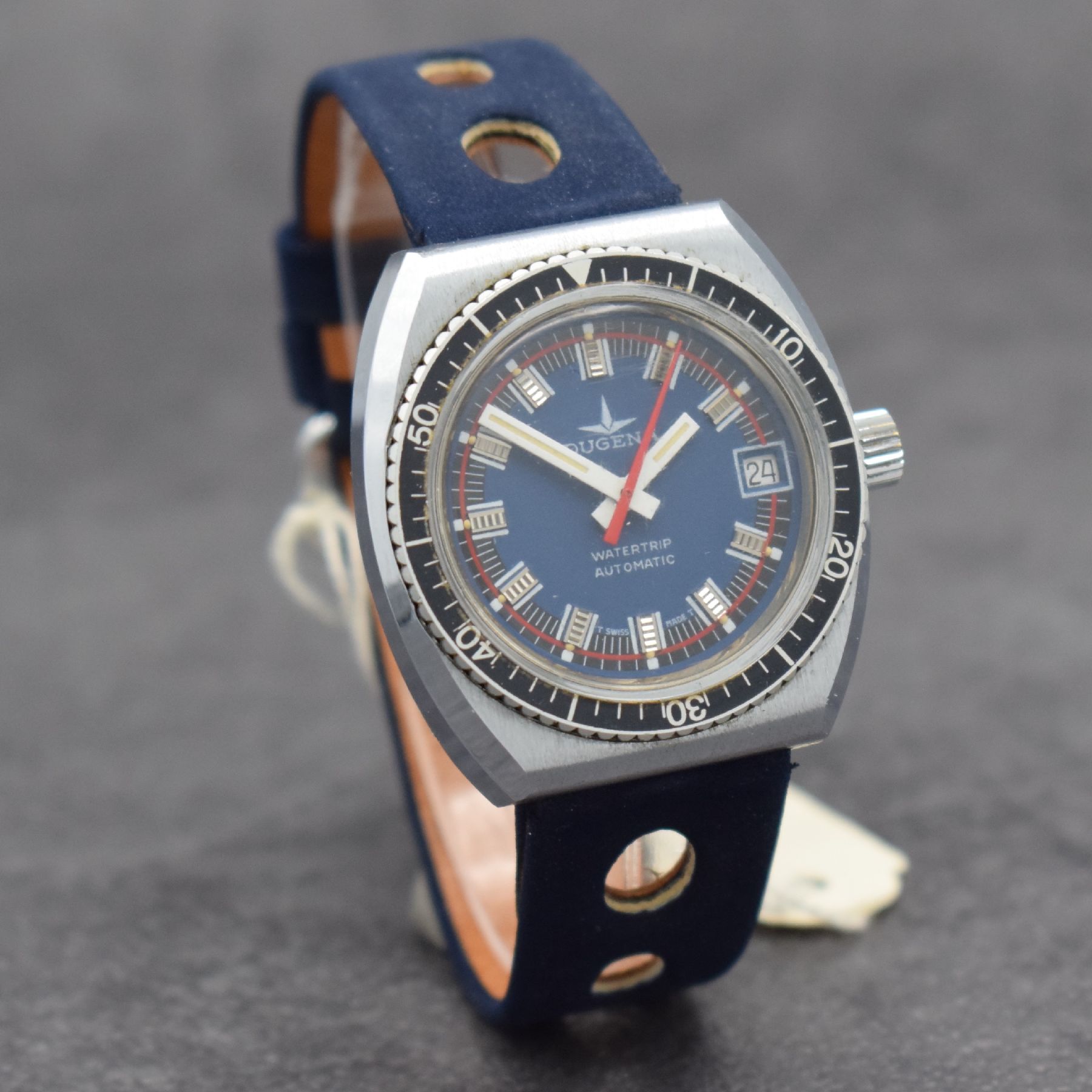Detail d: DUGENA Armbanduhr im Taucherdesign, Automatik, Schweiz um 1970, Ref. 4327-0419, verchr. Geh., Edelstahlboden verschr., Lün. 60er teil. beids. ...
