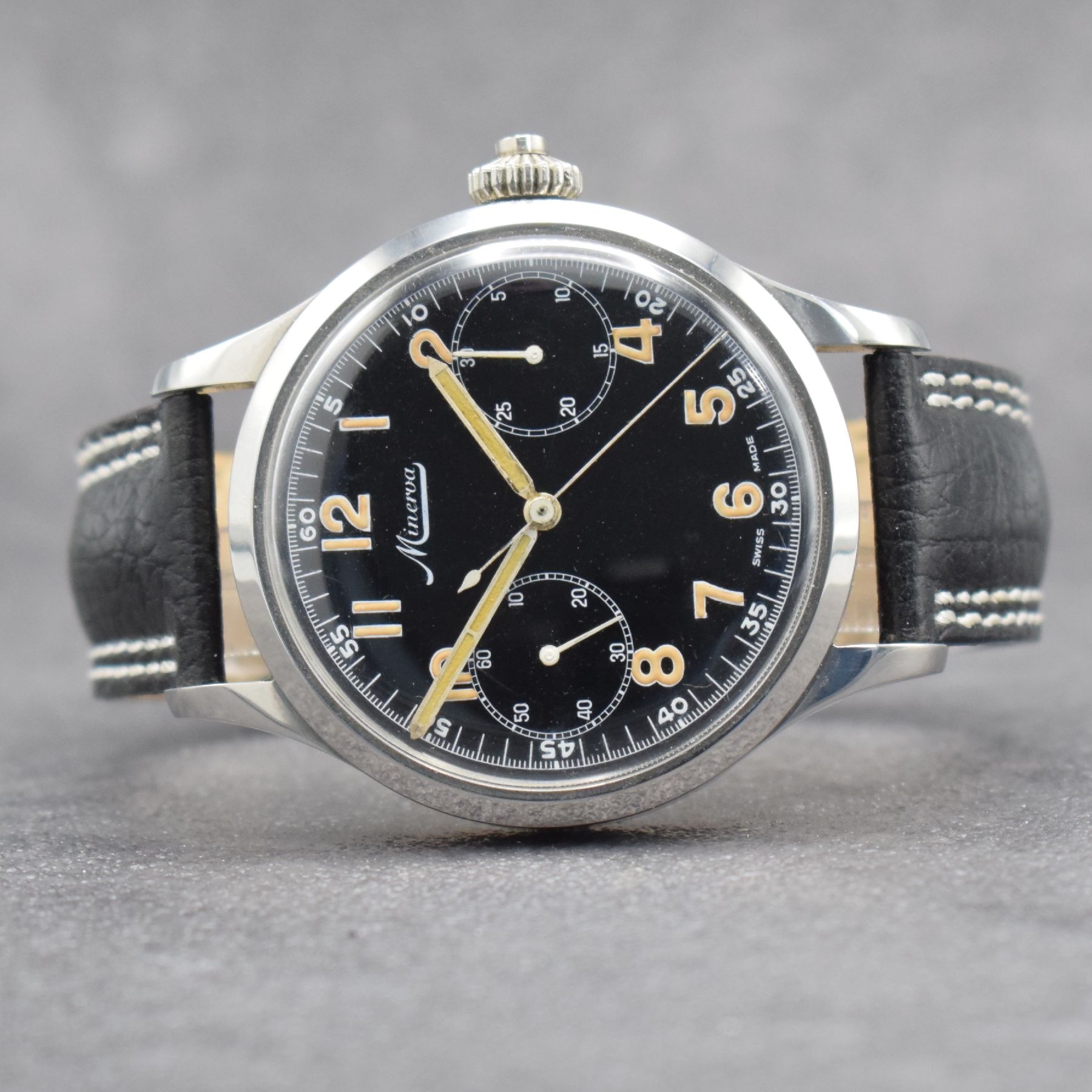 Detail b: MINERVA Kaliber 9-19 Taschenuhrwerk Umbau zur Armbanduhr mit Chronograph, Werk um 1940, neutr. Stahlgeh., Boden & Glasrand aufgedr., Drückerkrone, ...