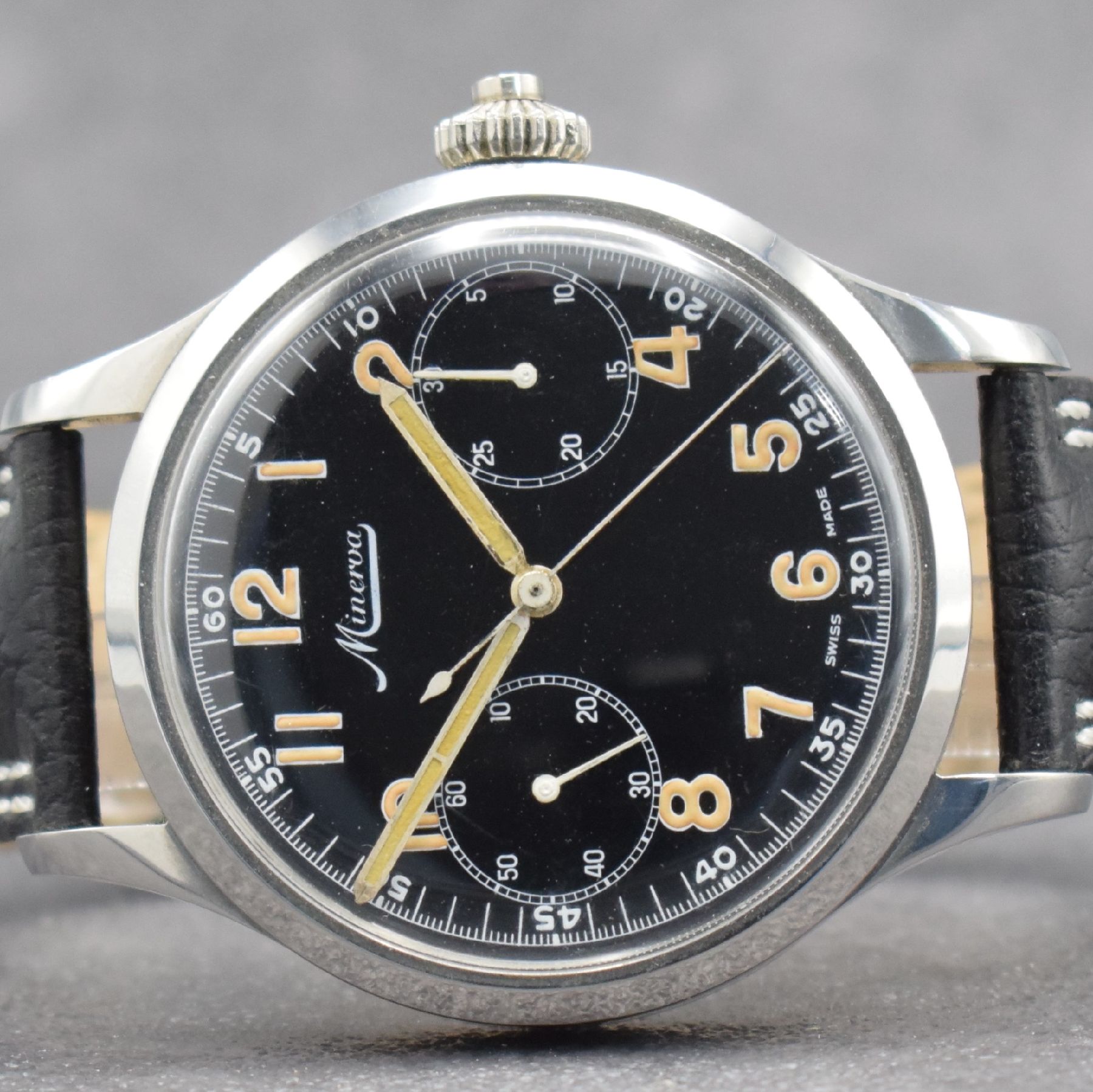 Detail c: MINERVA Kaliber 9-19 Taschenuhrwerk Umbau zur Armbanduhr mit Chronograph, Werk um 1940, neutr. Stahlgeh., Boden & Glasrand aufgedr., Drückerkrone, ...
