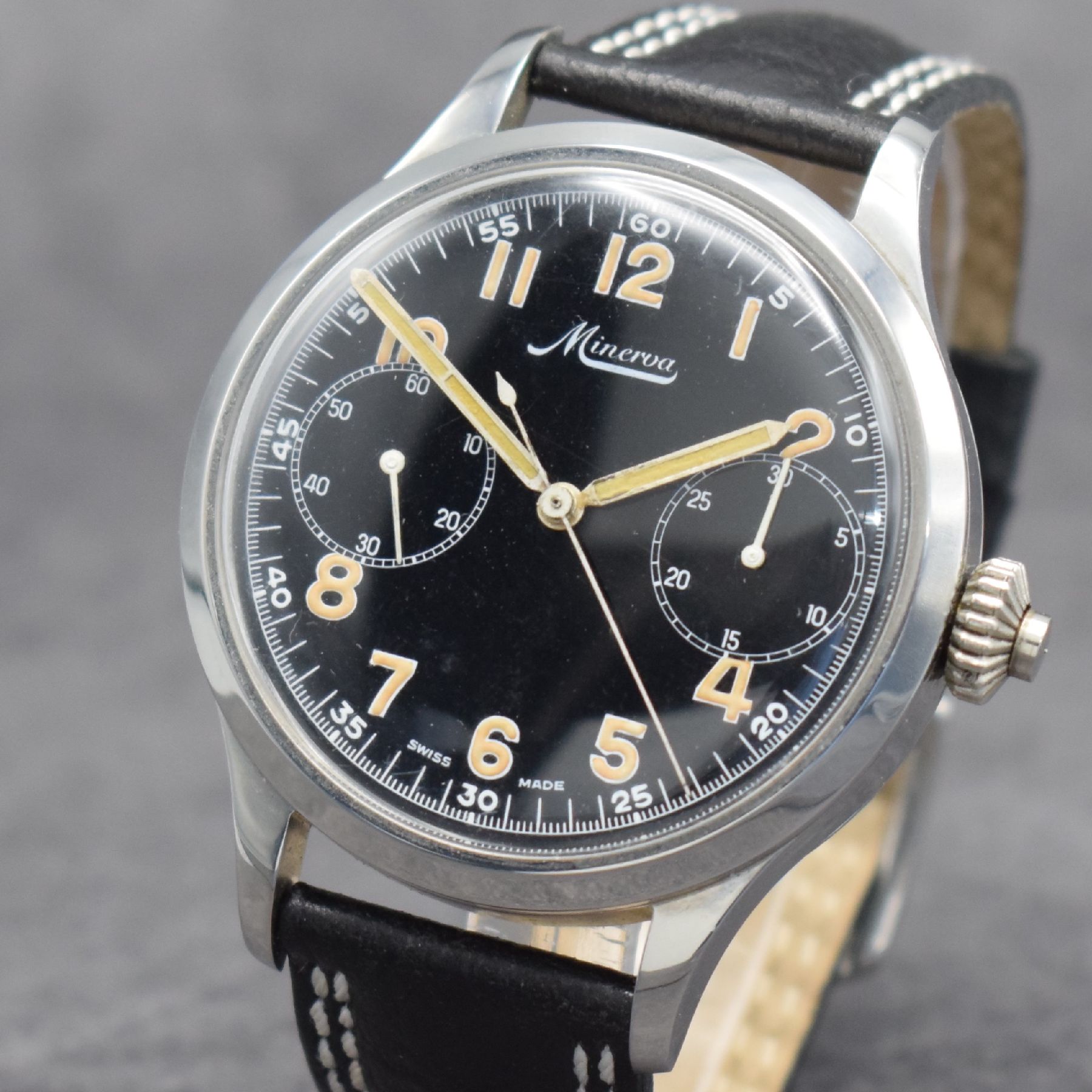 Detail e: MINERVA Kaliber 9-19 Taschenuhrwerk Umbau zur Armbanduhr mit Chronograph, Werk um 1940, neutr. Stahlgeh., Boden & Glasrand aufgedr., Drückerkrone, ...
