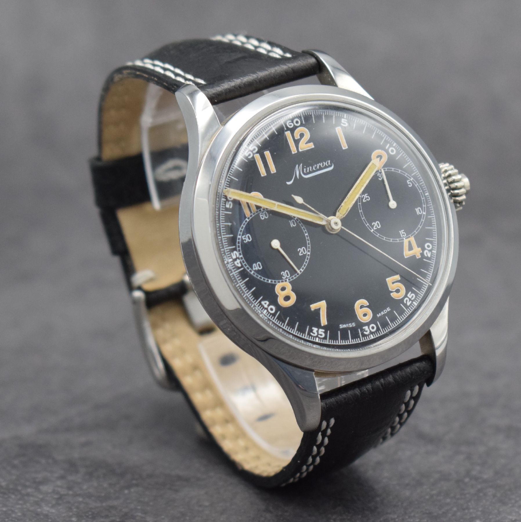 Detail f: MINERVA Kaliber 9-19 Taschenuhrwerk Umbau zur Armbanduhr mit Chronograph, Werk um 1940, neutr. Stahlgeh., Boden & Glasrand aufgedr., Drückerkrone, ...