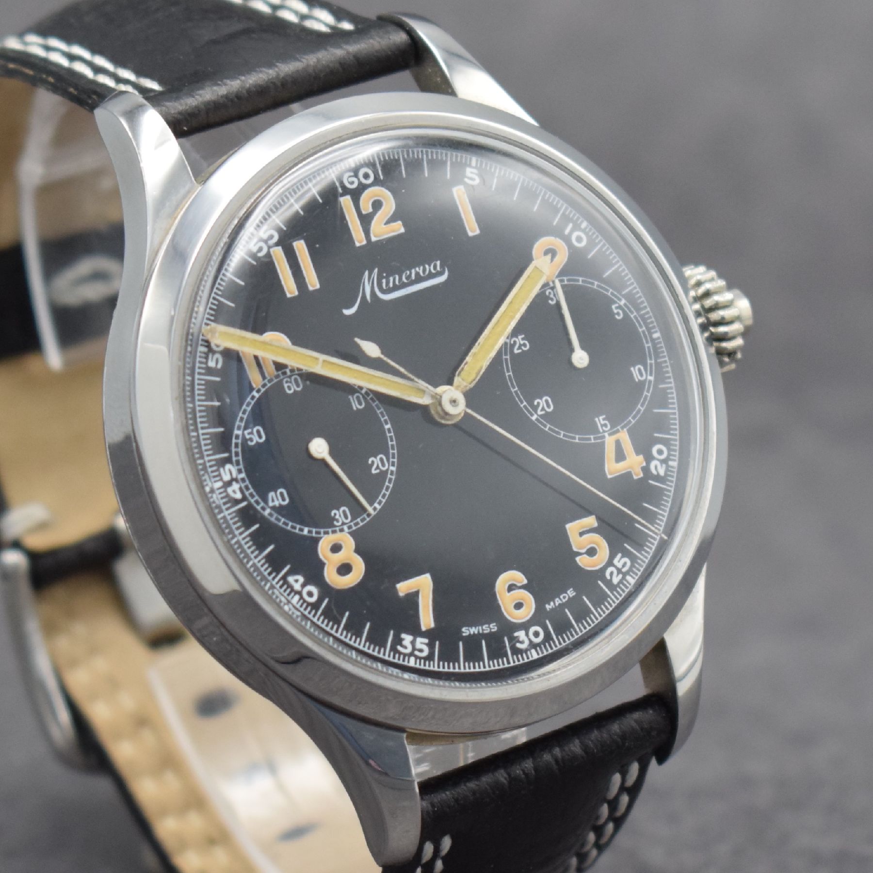 Detail g: MINERVA Kaliber 9-19 Taschenuhrwerk Umbau zur Armbanduhr mit Chronograph, Werk um 1940, neutr. Stahlgeh., Boden & Glasrand aufgedr., Drückerkrone, ...