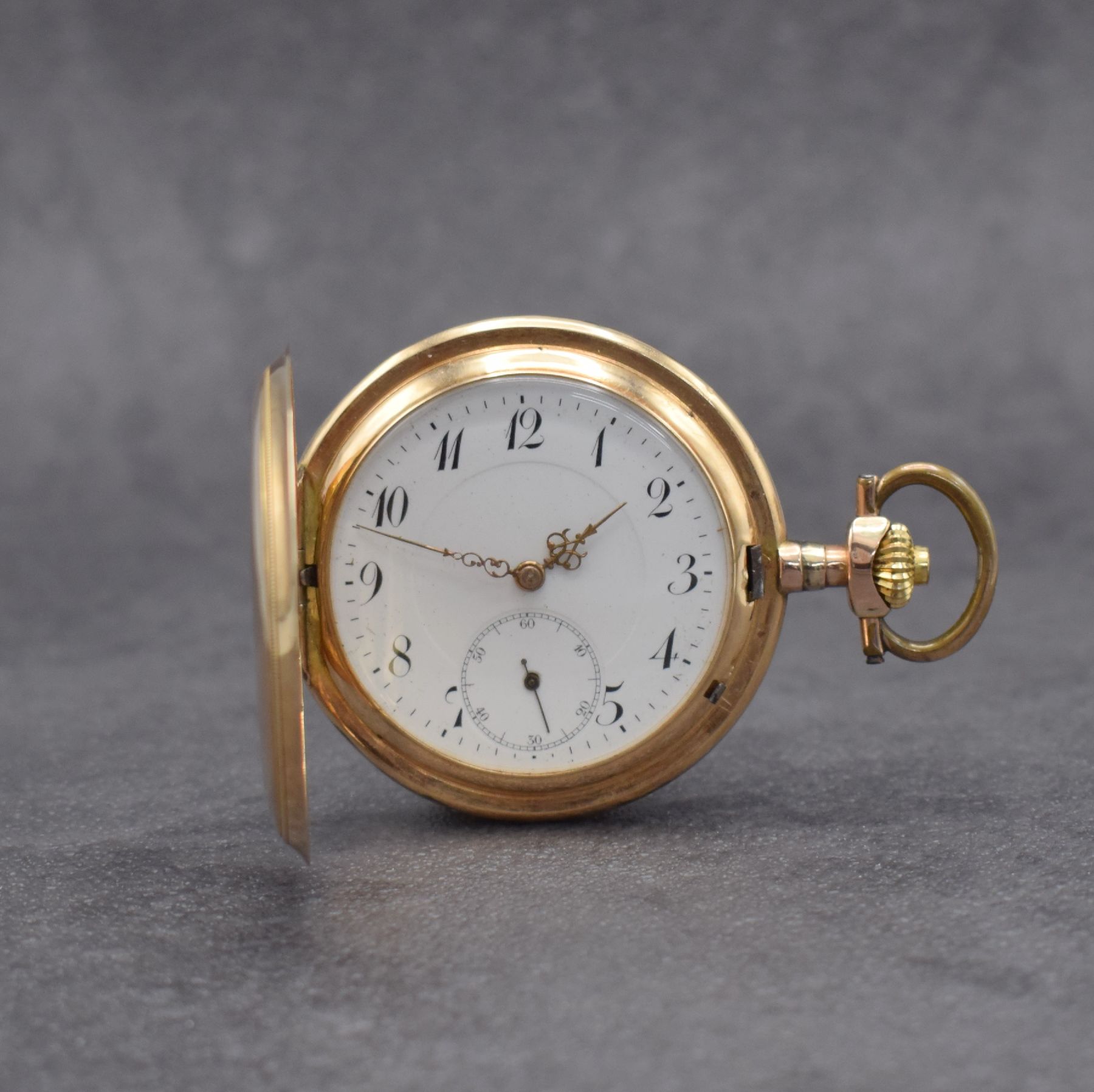 SYSTEME GLASHÜTTE Savonette in RG 585/000, Schweiz um 1900, 2-Deckel Goldgeh. dell., Sprungdeckel m. Monogramm, Emailzifferbl. m. arab. Zahlen ...