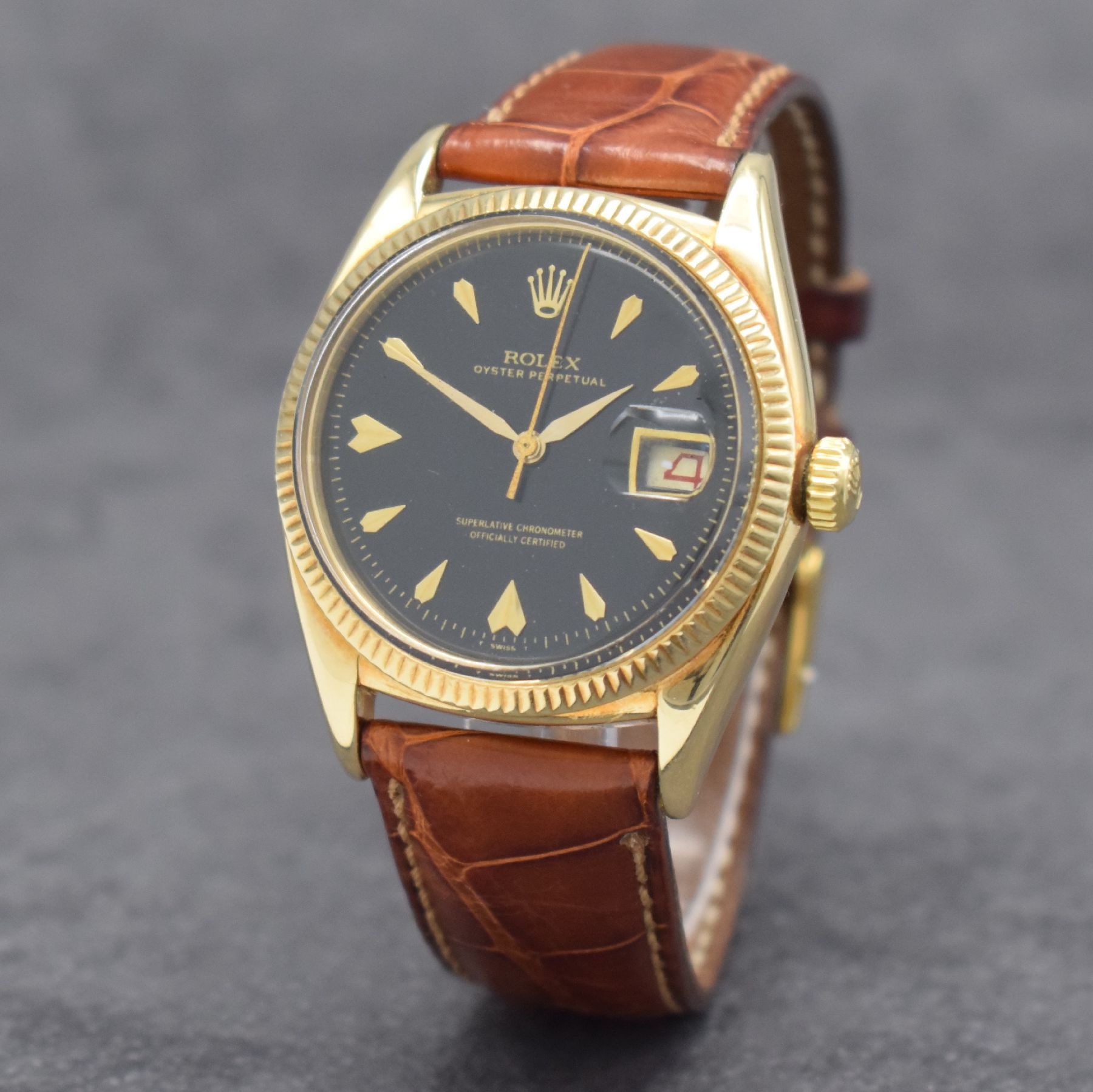 ROLEX seltene Herrenarmbanduhr Oyster Perpetual Datejust Referenz 6305 in GG 585/000, Automatik, Schweiz um 1957, Chronometer der Superlative, ...