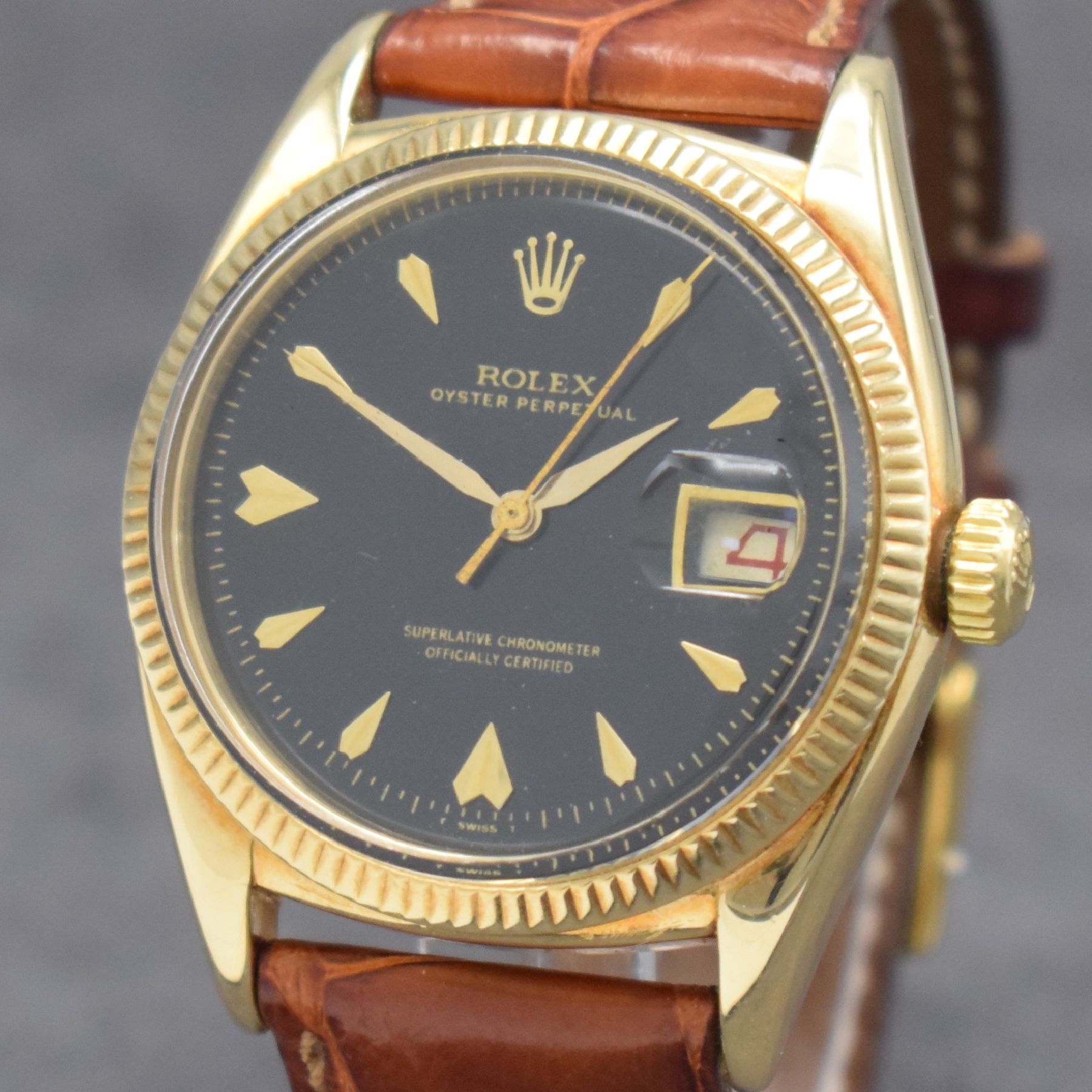 Detail a: ROLEX seltene Herrenarmbanduhr Oyster Perpetual Datejust Referenz 6305 in GG 585/000, Automatik, Schweiz um 1957, Chronometer der Superlative, ...