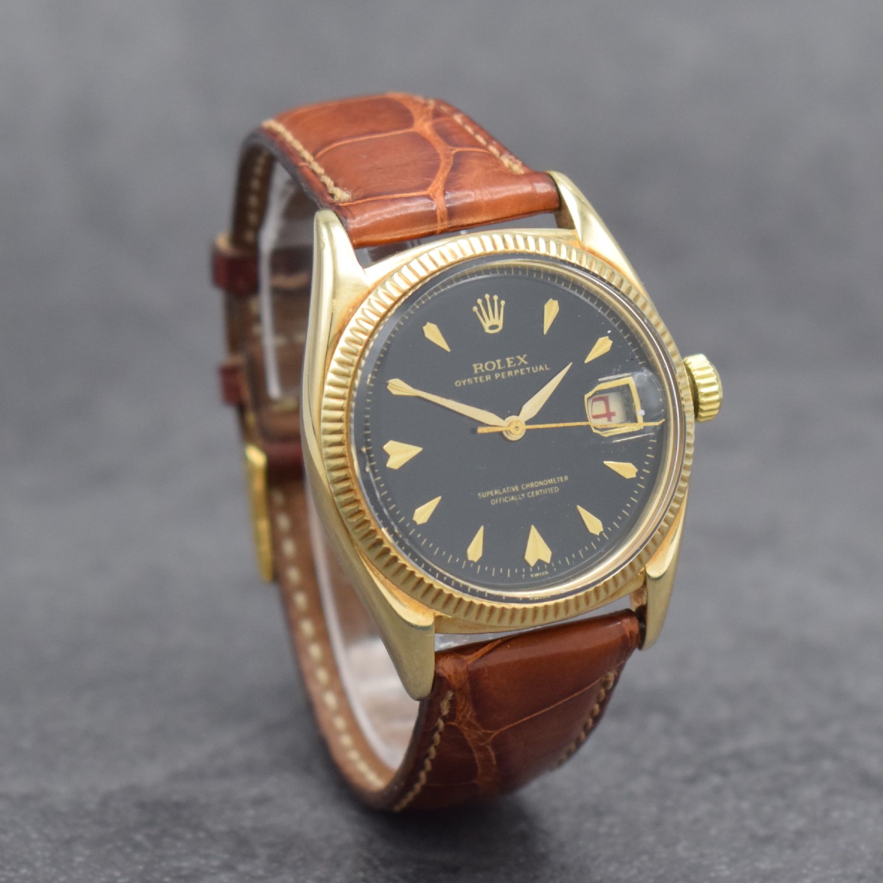 Detail b: ROLEX seltene Herrenarmbanduhr Oyster Perpetual Datejust Referenz 6305 in GG 585/000, Automatik, Schweiz um 1957, Chronometer der Superlative, ...
