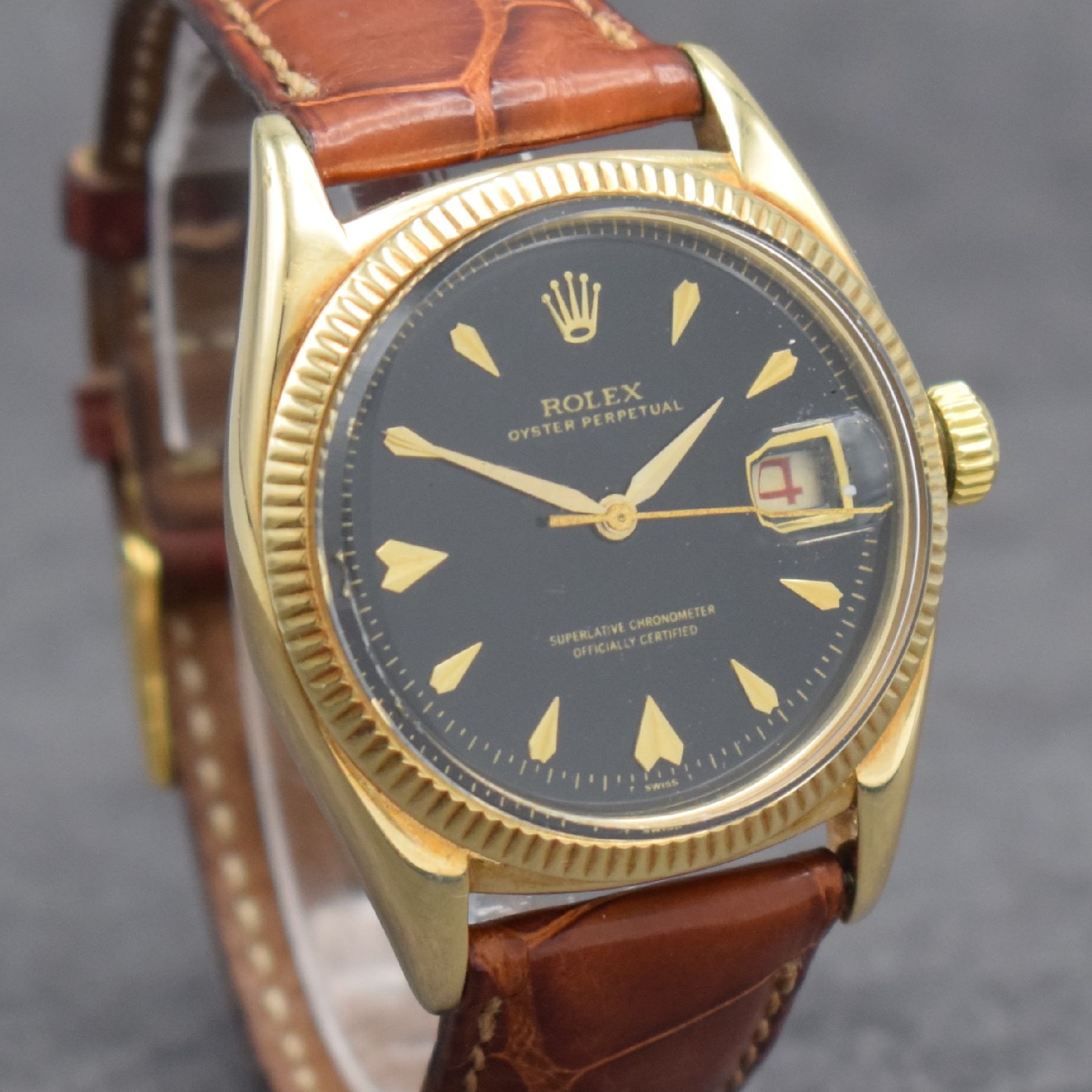 Detail c: ROLEX seltene Herrenarmbanduhr Oyster Perpetual Datejust Referenz 6305 in GG 585/000, Automatik, Schweiz um 1957, Chronometer der Superlative, ...