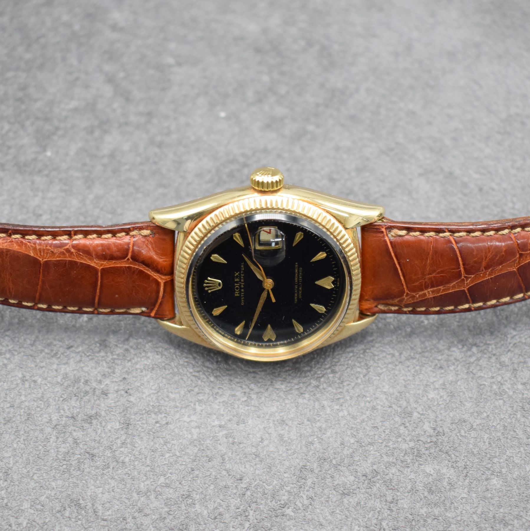 Detail d: ROLEX seltene Herrenarmbanduhr Oyster Perpetual Datejust Referenz 6305 in GG 585/000, Automatik, Schweiz um 1957, Chronometer der Superlative, ...