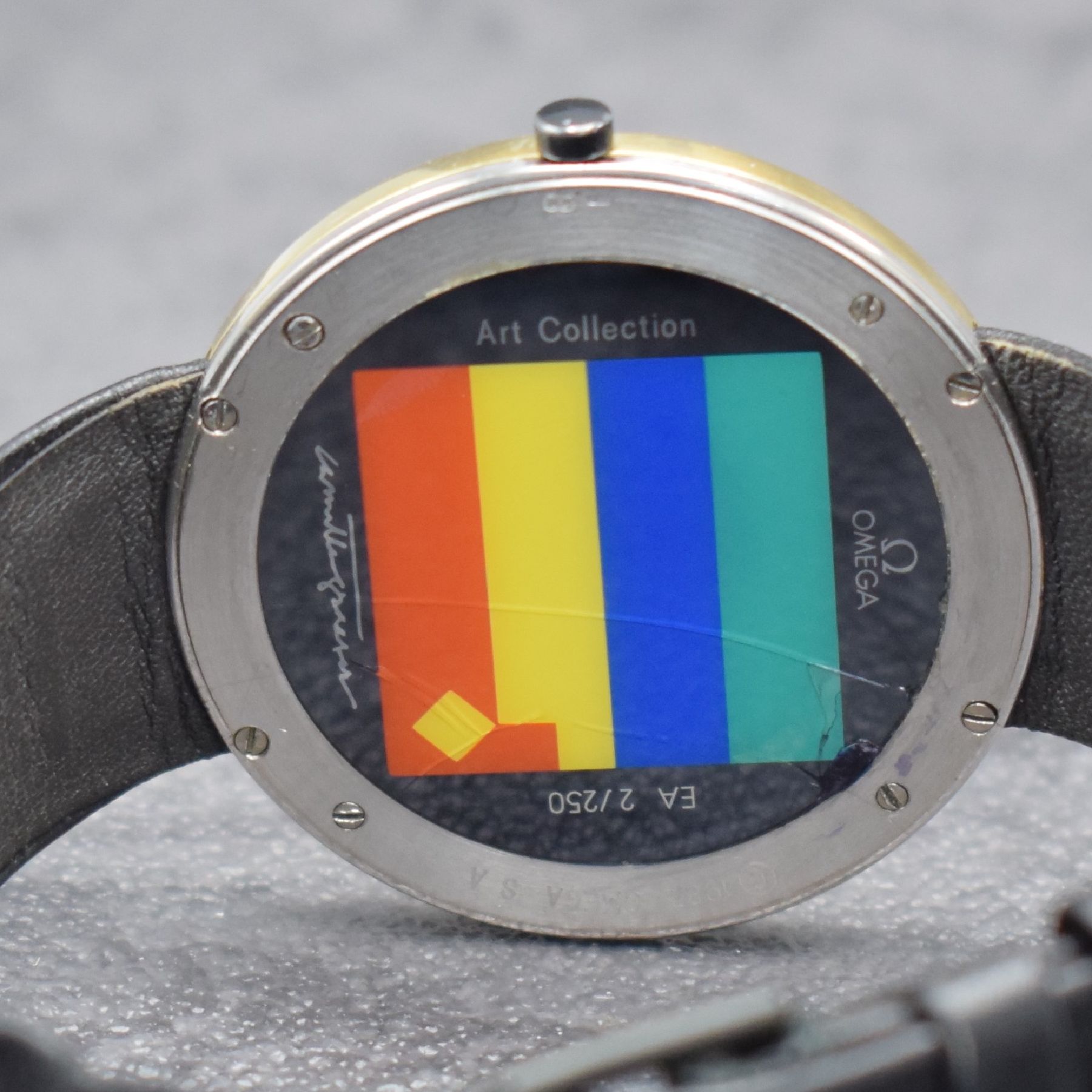 Detail e: OMEGA ART-COLLECTION Camille Graeser limitierte Armbanduhr in WG/GG 750/000, Schweiz 1987, limitiert auf 250 Stück, 4-fach verschr. Boden von ...