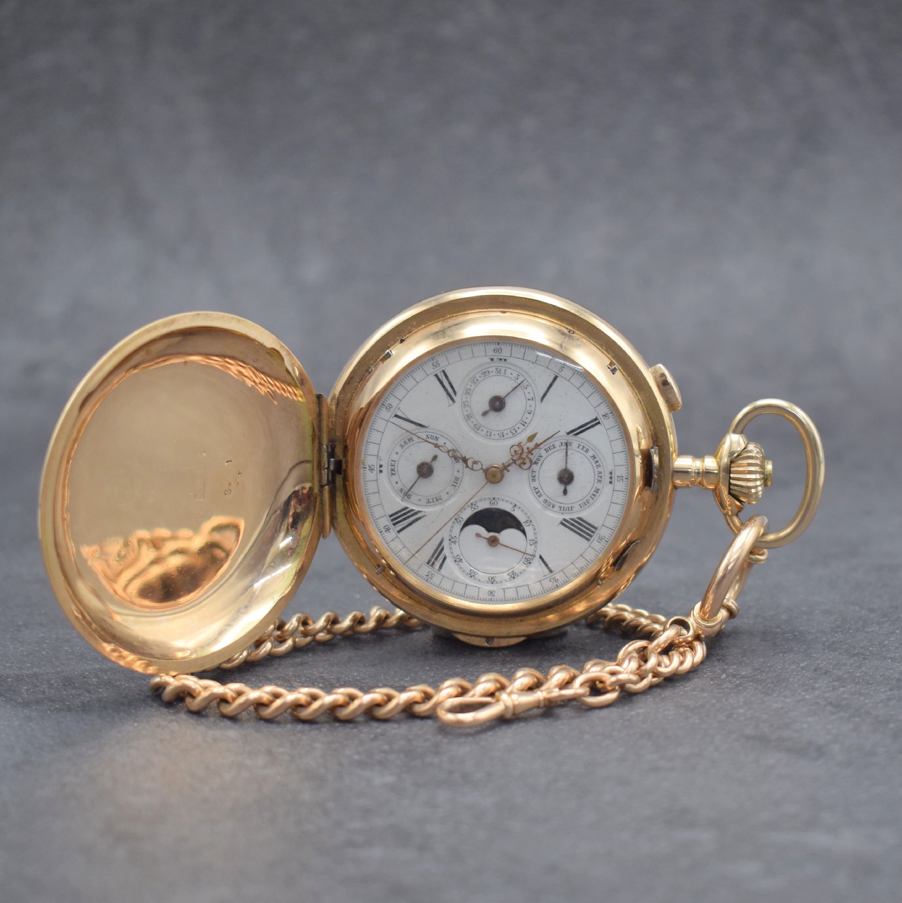 INVICTA Savonette mit Vollkalender, Repetition & Chronograph in RG 585/000 mit RG 585/000 Kette Gesamt-Gew. ca. 164g, Schweiz um 1900, 3-Deckel ...