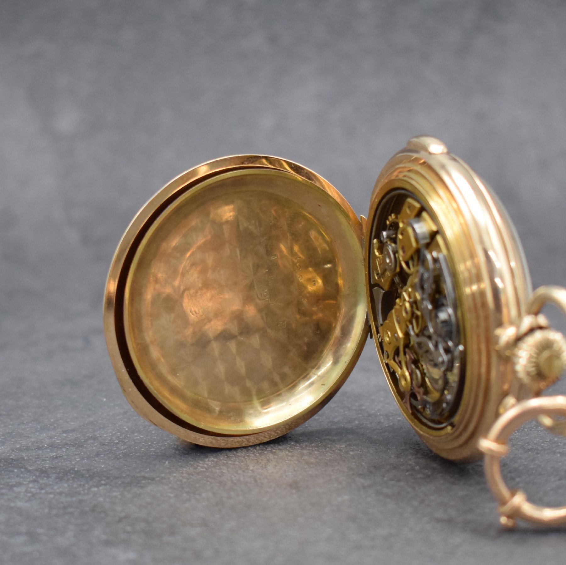 Detail f: INVICTA Savonette mit Vollkalender, Repetition & Chronograph in RG 585/000 mit RG 585/000 Kette Gesamt-Gew. ca. 164g, Schweiz um 1900, 3-Deckel ...