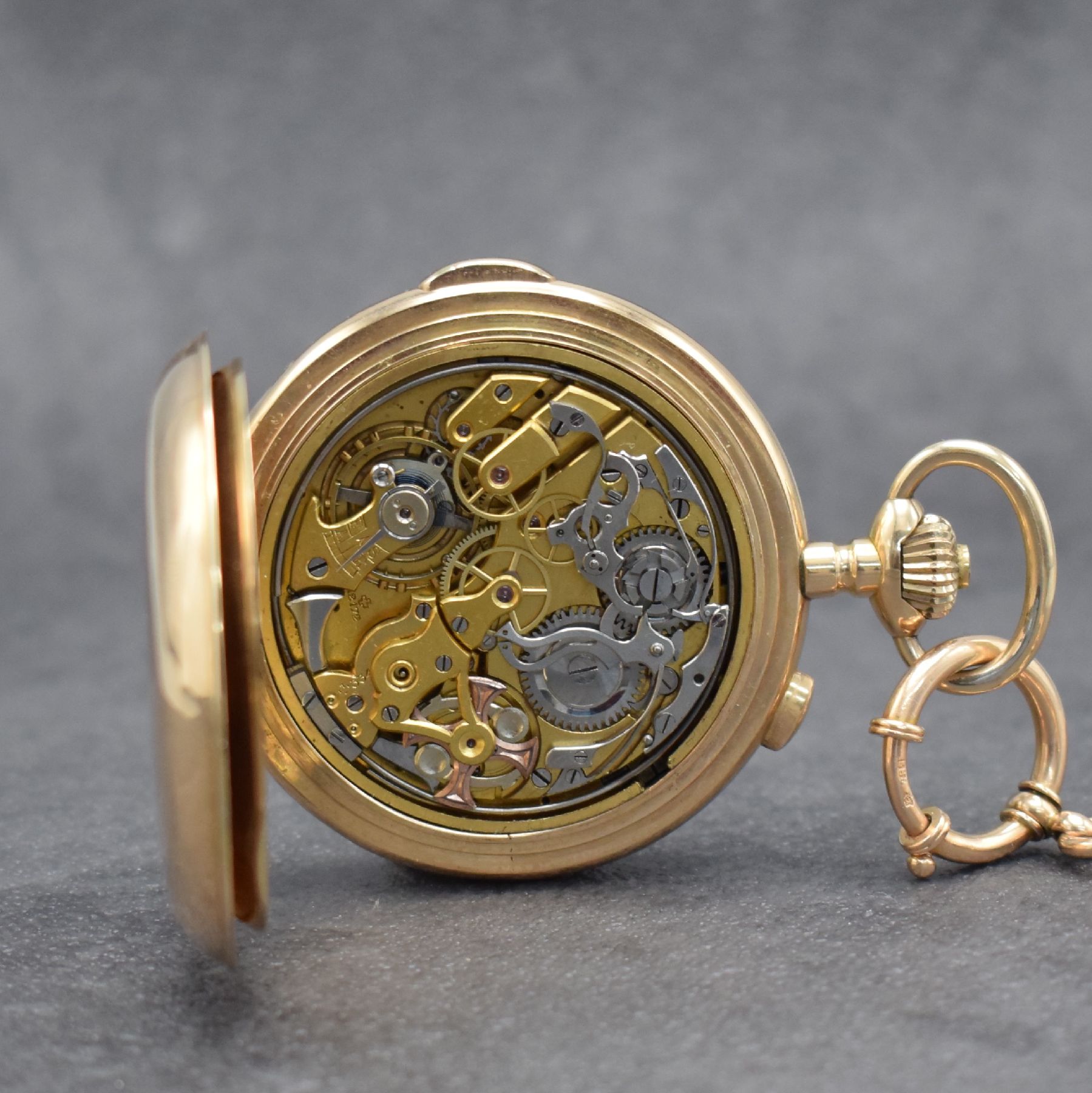 Detail g: INVICTA Savonette mit Vollkalender, Repetition & Chronograph in RG 585/000 mit RG 585/000 Kette Gesamt-Gew. ca. 164g, Schweiz um 1900, 3-Deckel ...