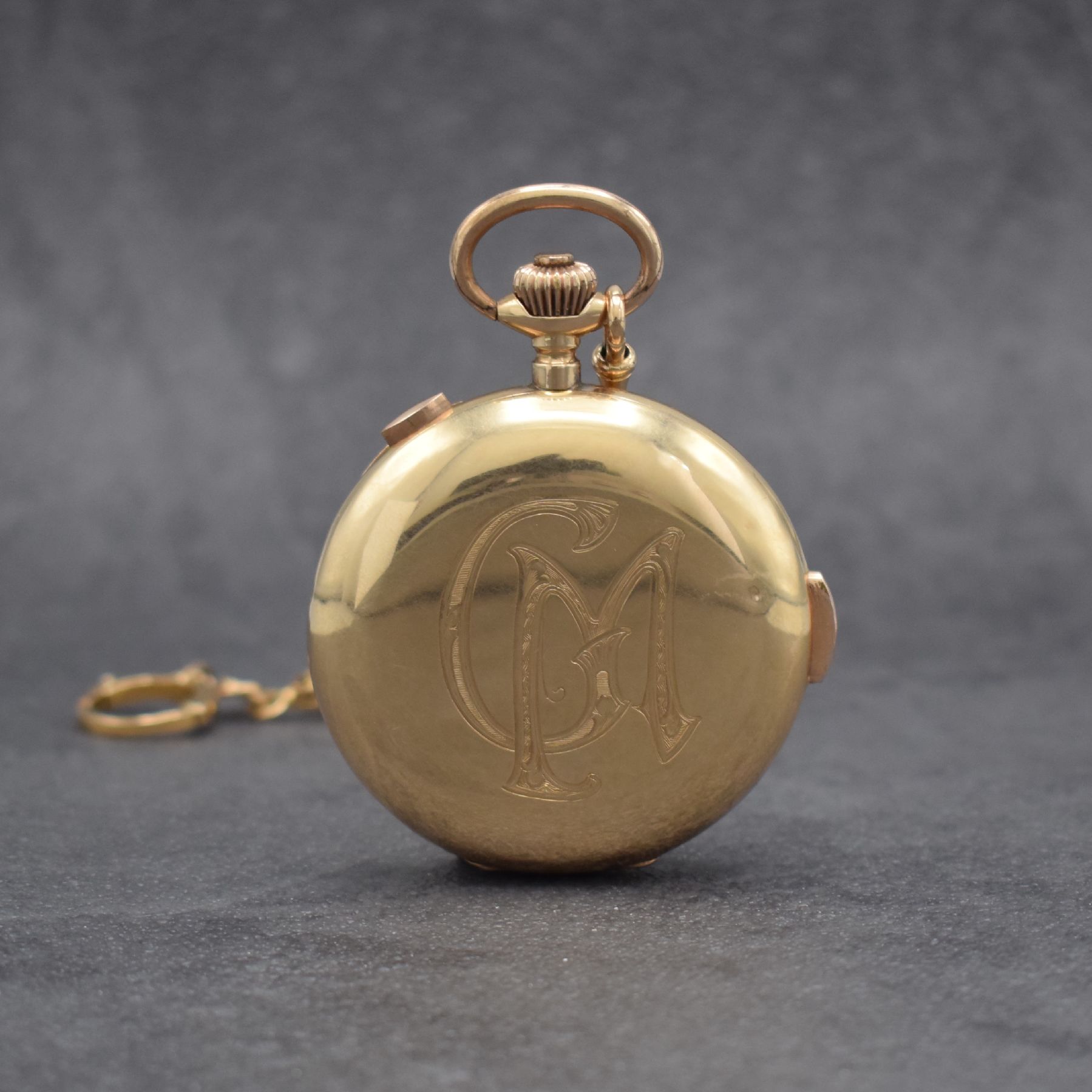 Detail b: Savonette in RG 585/000 m. 1/4 Stundenrepetition & Chronograph, mit Kette in GG 750/000, Schweiz um 1900, Kette später, 3-Deckel Goldgeh. dell., ...