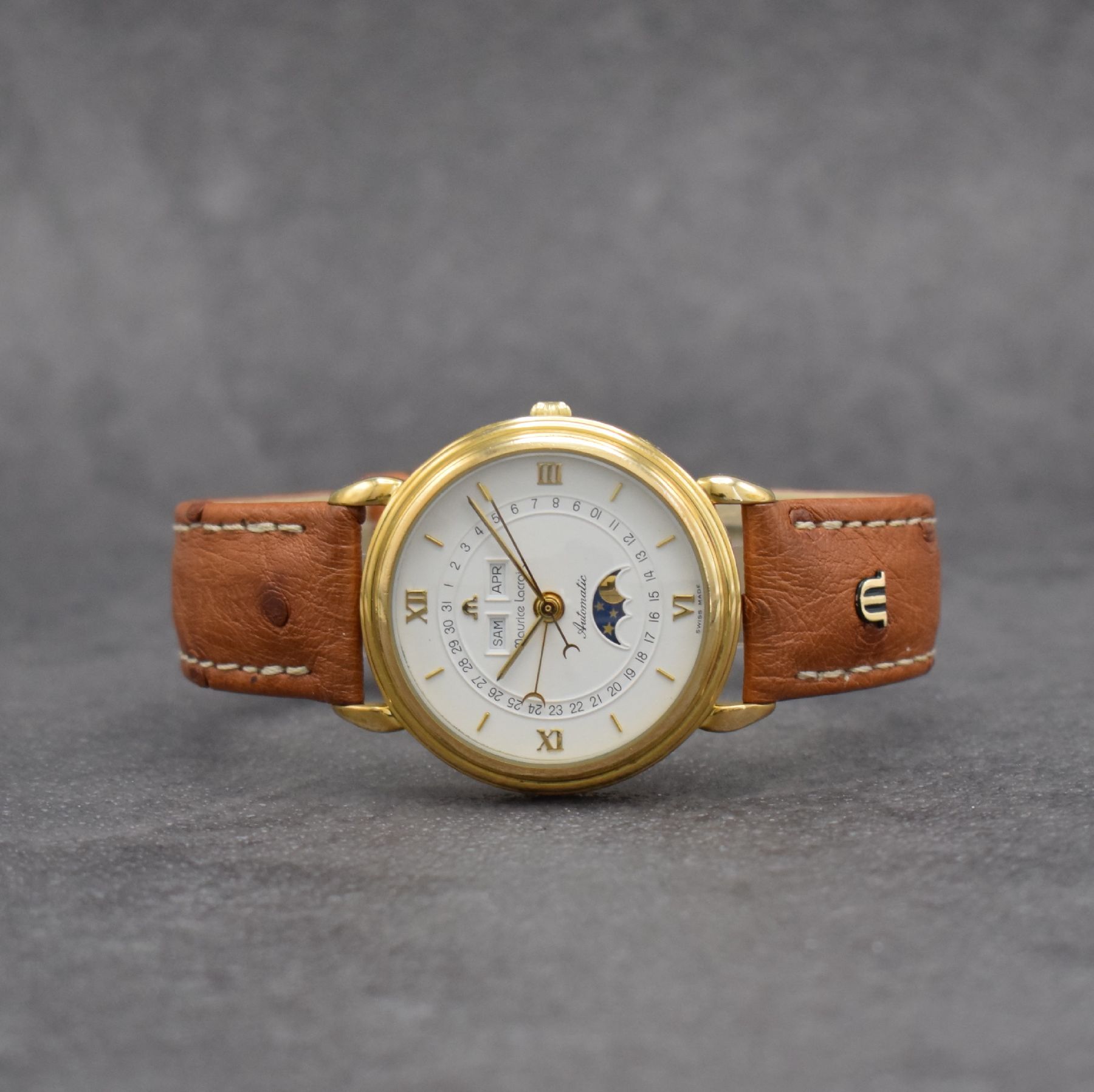 MAURICE LACROIX vergoldete Herrenarmbanduhr mit Vollkalender, Schweiz um 1995, Automatik, Ref. 13111, beids. vergl. Geh., Boden aufgedr., orig. ...