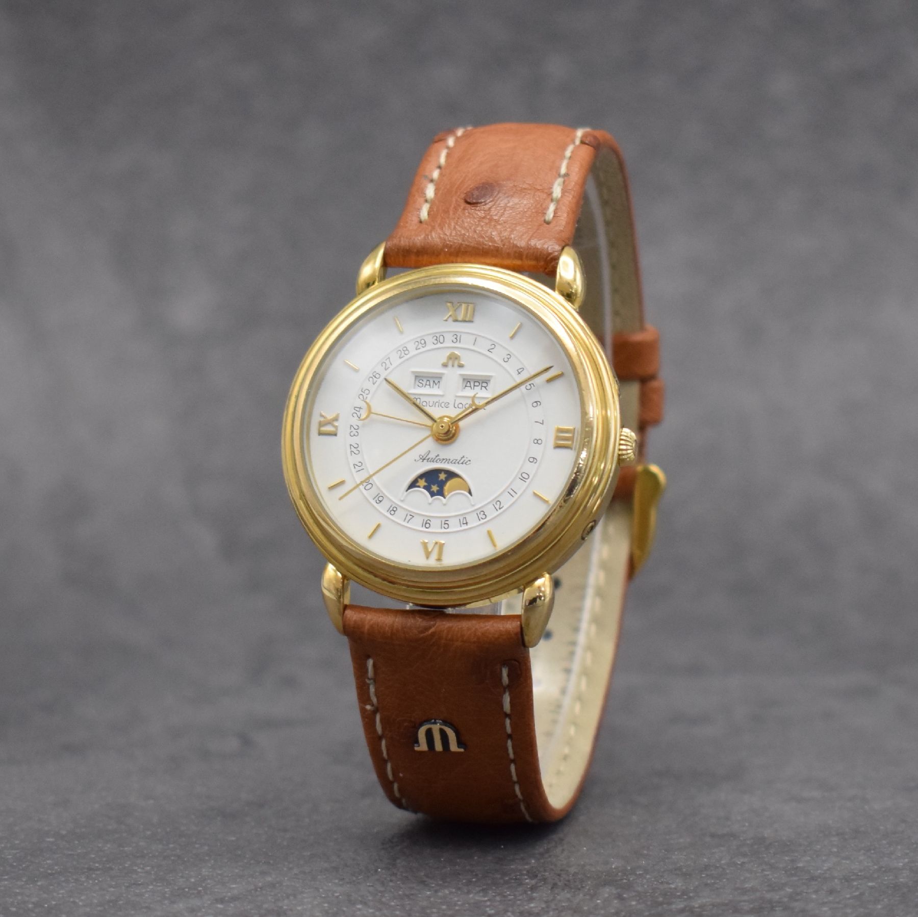 Detail b: MAURICE LACROIX vergoldete Herrenarmbanduhr mit Vollkalender, Schweiz um 1995, Automatik, Ref. 13111, beids. vergl. Geh., Boden aufgedr., orig. ...