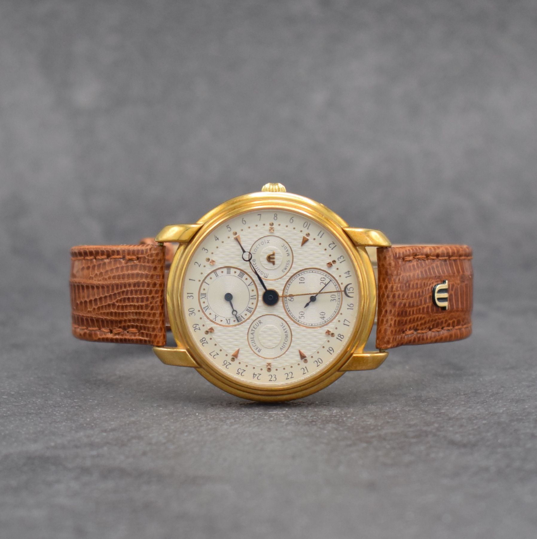 MAURICE LACROIX Regulateur Herrenarmbanduhr, Schweiz verk. lt. beil. Pap. 08/1996, Automatik, Ref. 3765, verg. Geh. beids. vergl., Boden & Glasrand ...
