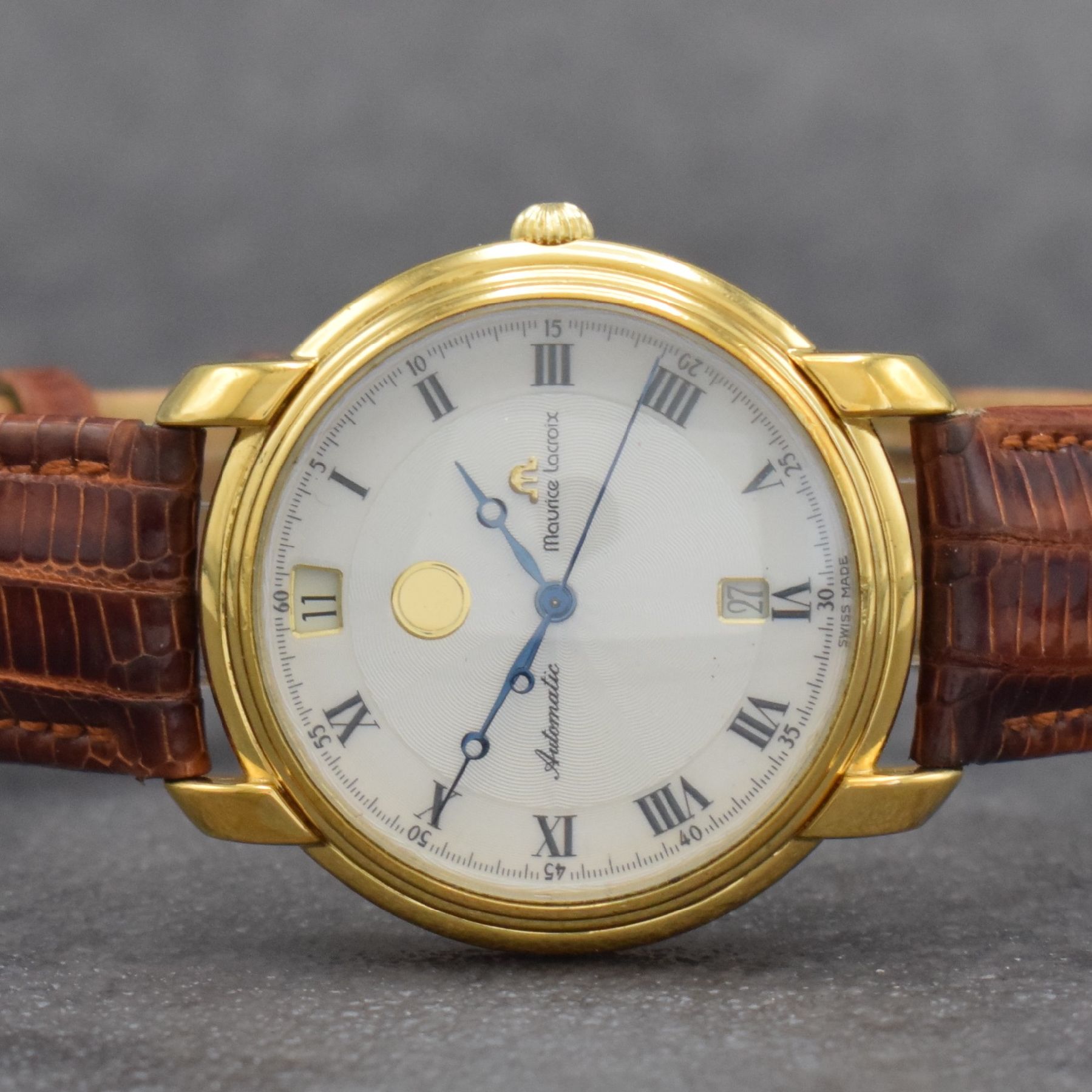 Detail a: MAURICE LACROIX Herrenarmbanduhr Modell Les Mécaniques, Schweiz um 2000, Ref. 29399, verg. Geh. beids. vergl., Boden & Glasrand aufgedr., Maurice ...