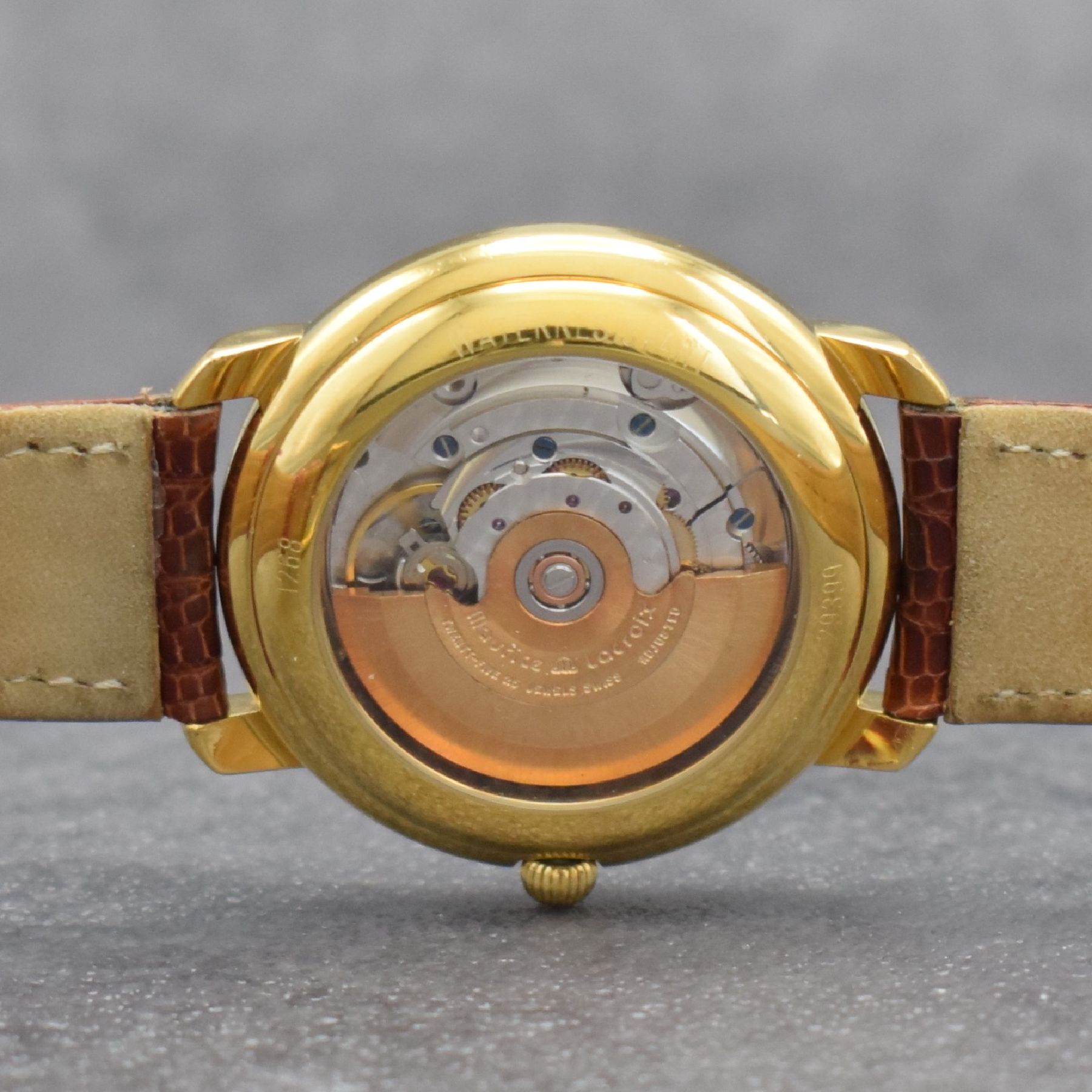Detail f: MAURICE LACROIX Herrenarmbanduhr Modell Les Mécaniques, Schweiz um 2000, Ref. 29399, verg. Geh. beids. vergl., Boden & Glasrand aufgedr., Maurice ...
