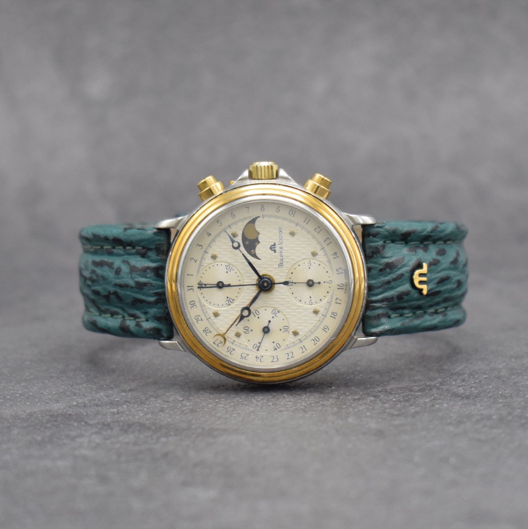 MAURICE LACROIX Herrenarmbanduhr mit Chronograph & Mondphase, Schweiz um 1990, Automatik, Ref. 01939, Stahl/Gold komb., verschr. Boden (besch.) & ...