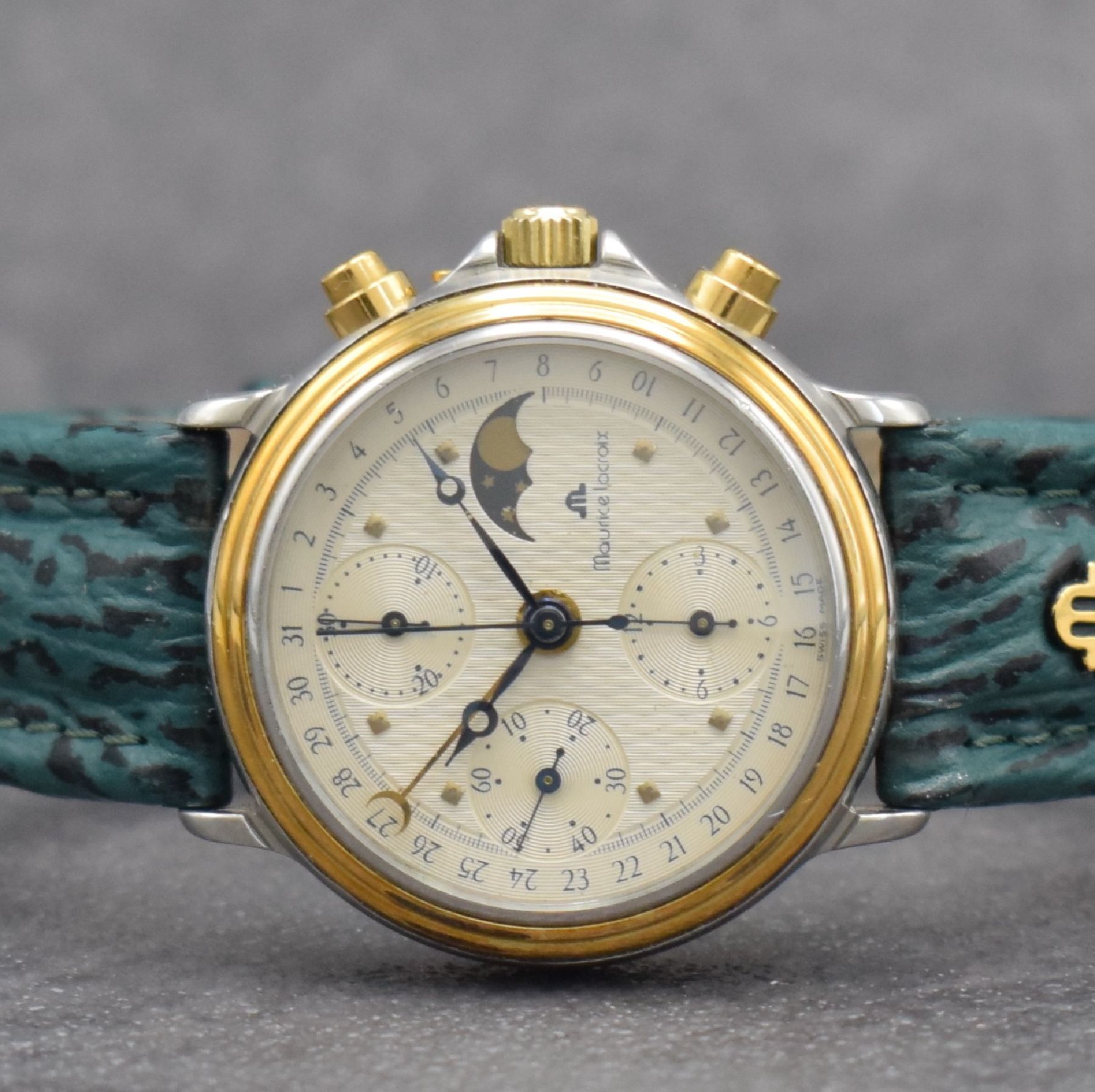 Detail a: MAURICE LACROIX Herrenarmbanduhr mit Chronograph & Mondphase, Schweiz um 1990, Automatik, Ref. 01939, Stahl/Gold komb., verschr. Boden (besch.) & ...