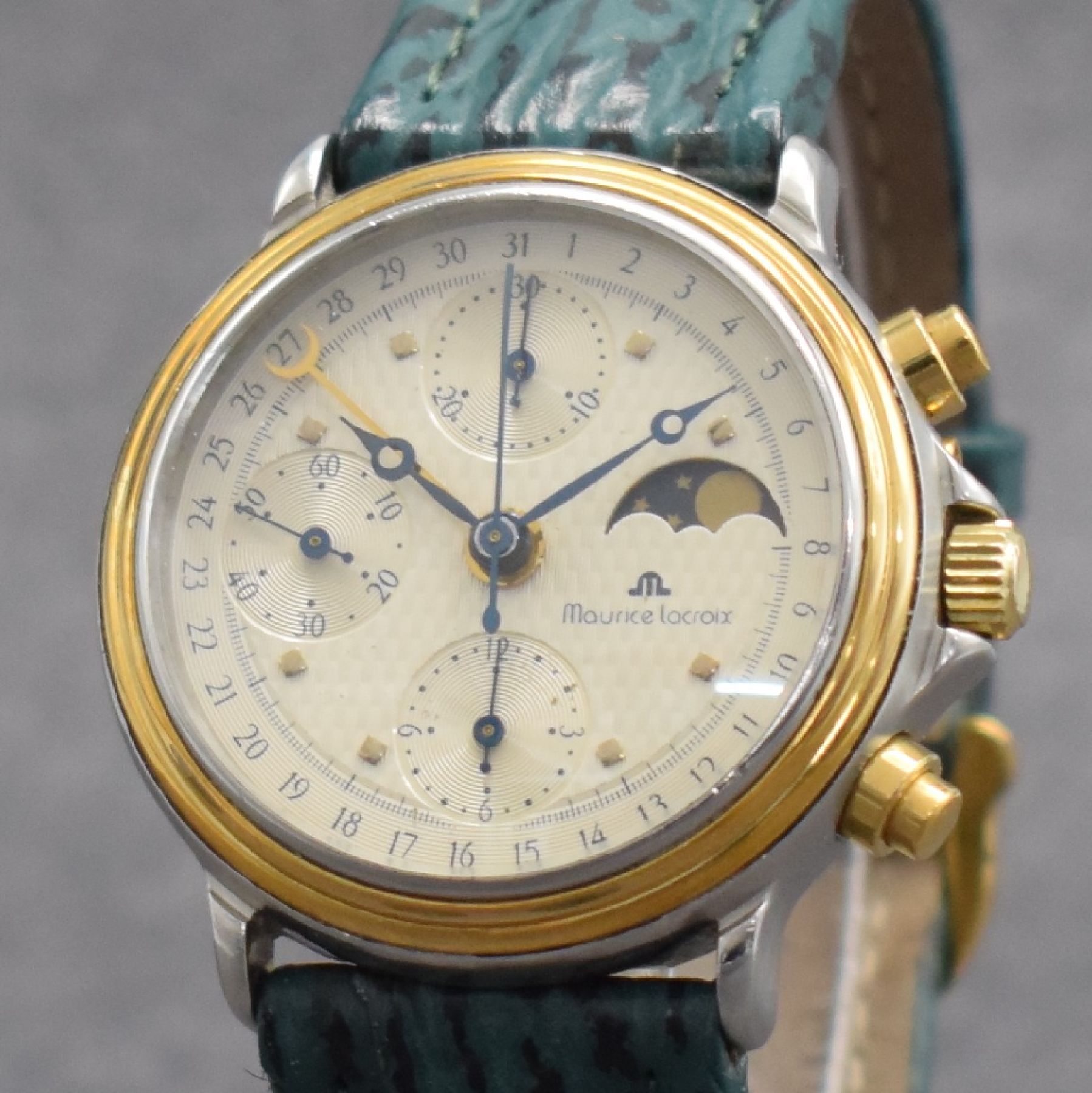 Detail c: MAURICE LACROIX Herrenarmbanduhr mit Chronograph & Mondphase, Schweiz um 1990, Automatik, Ref. 01939, Stahl/Gold komb., verschr. Boden (besch.) & ...