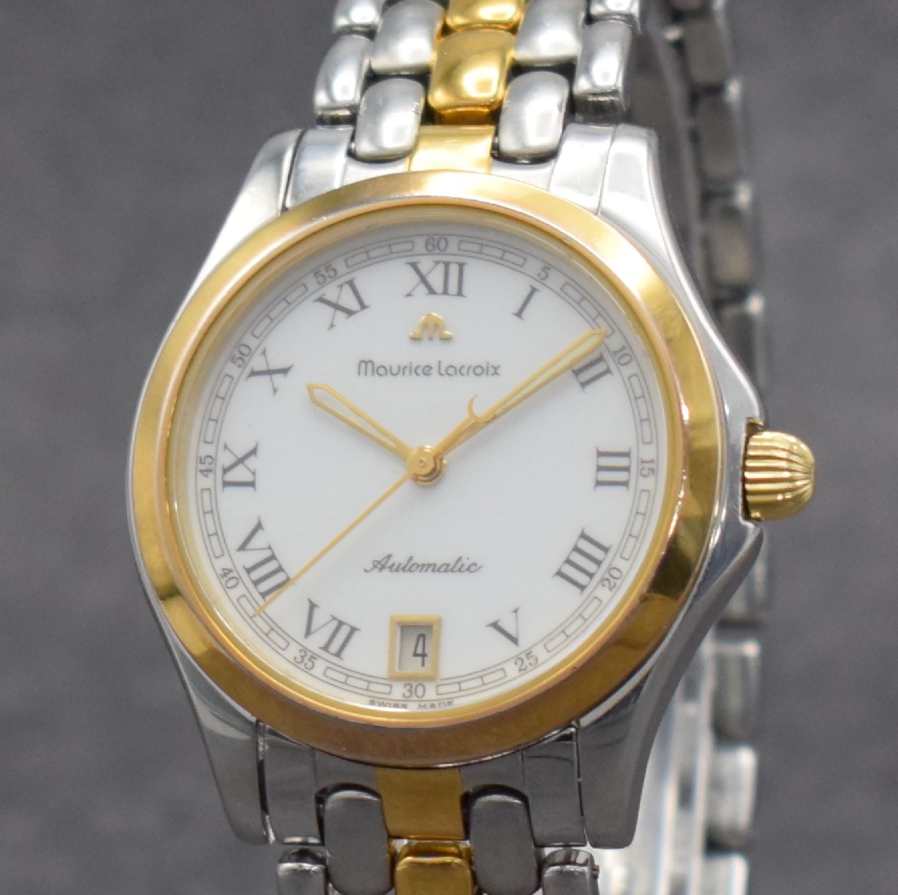 Detail c: MAURICE LACROIX Herrenarmbanduhr in Edelstahl/Gold, Schweiz verk. lt. beil. Pap. 03/1996, Automatik, Boden & Krone verschr., orig. Gliederband m. ...