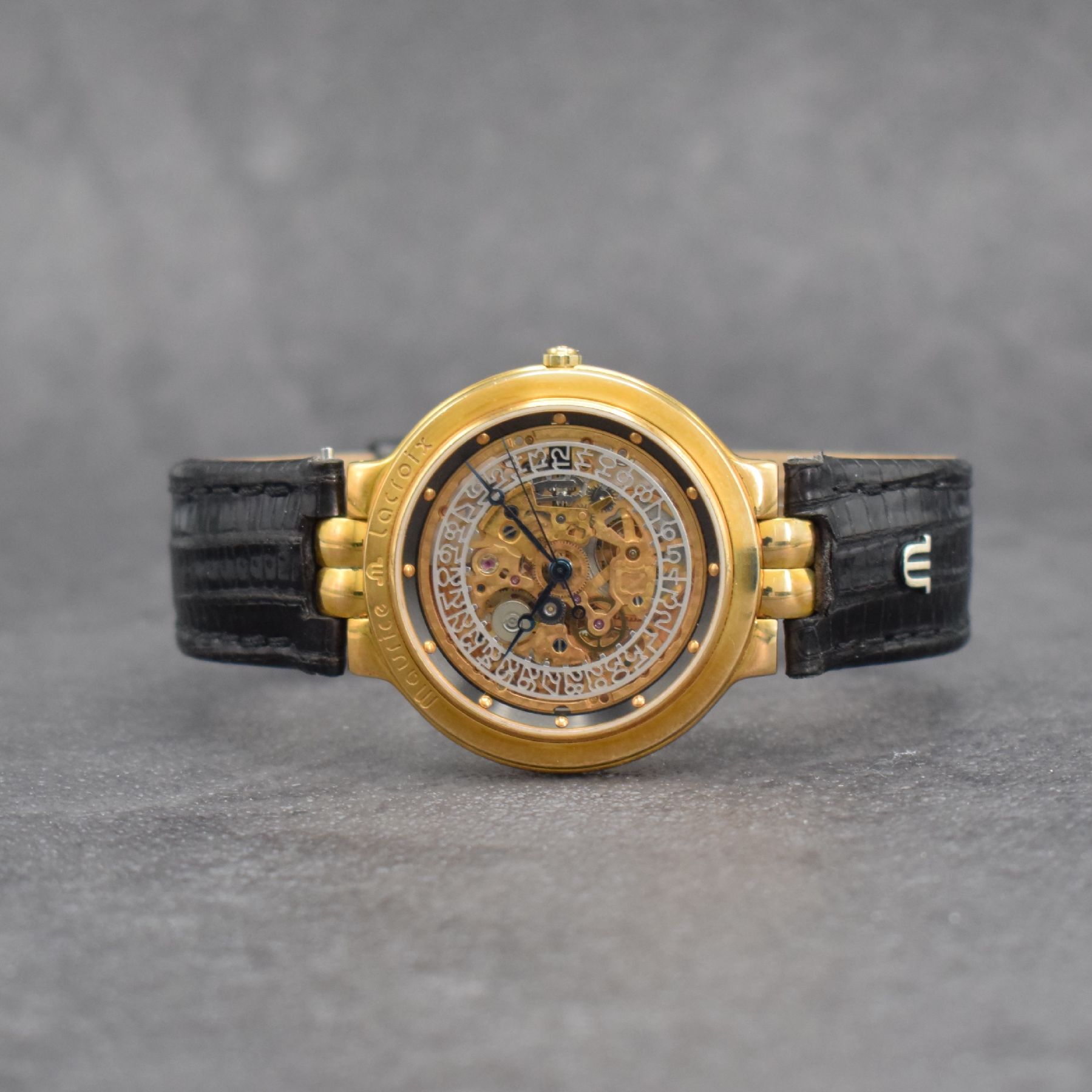 MAURICE LACROIX skelettierte Herrenarmbanduhr, Schweiz um 1995, Automatik, verg. Geh. beids. vergl., Boden aufgedr., Maurice Lacroix Lederband m. ...