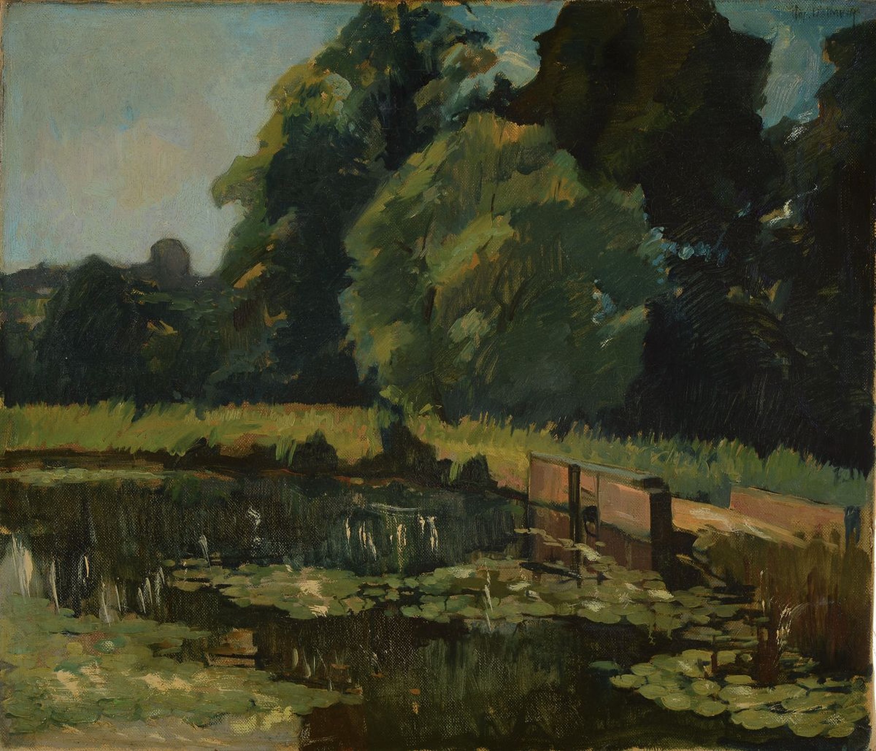 Jos. Delmeir o.ä., um 1900-1910, Schleuse am Waldrand, Öl/Lwd, rechts oben schwer lesbar signiert, ca. 60x70cm