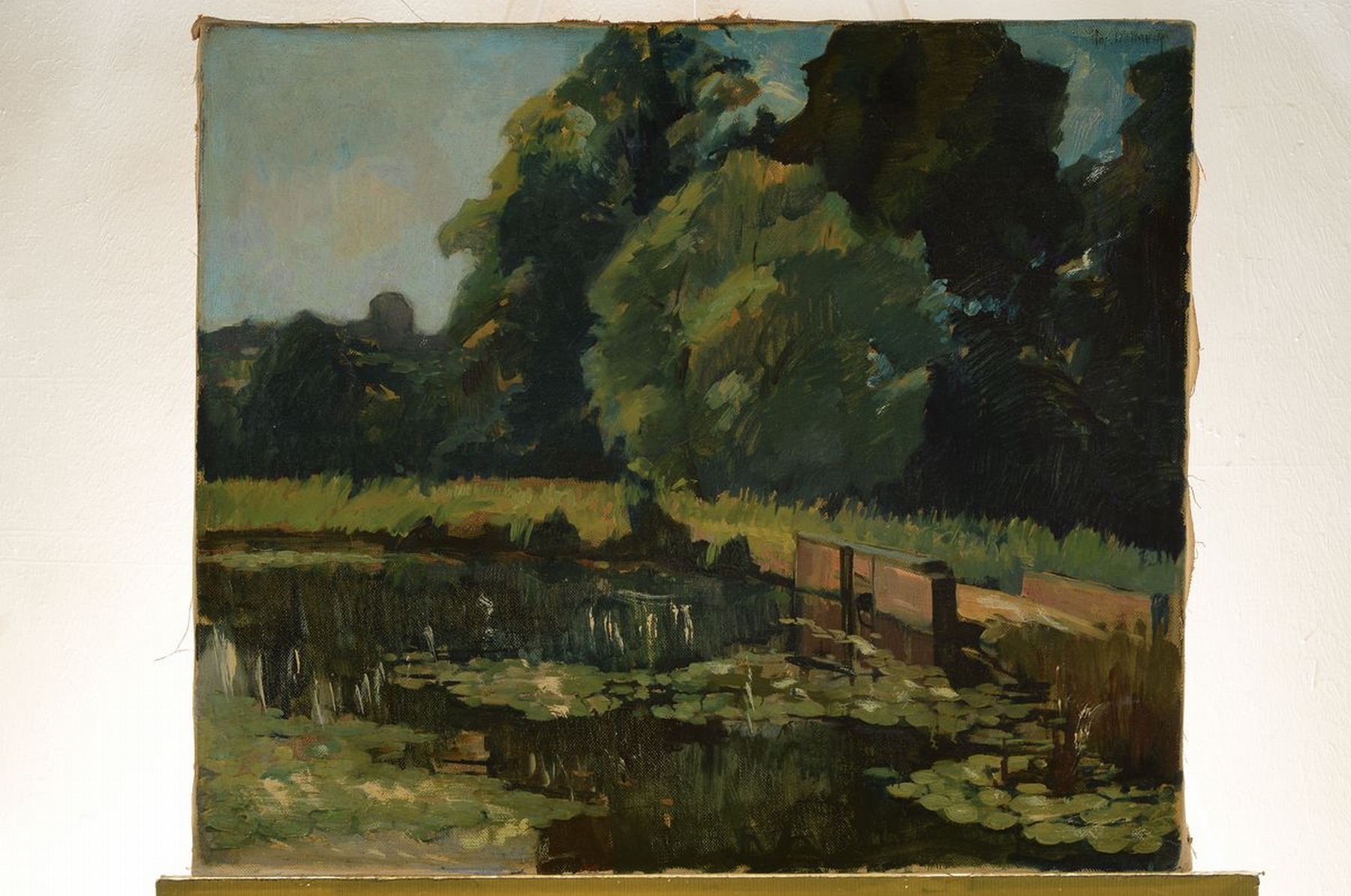 Detail k: Jos. Delmeir o.ä., um 1900-1910, Schleuse am Waldrand, Öl/Lwd, rechts oben schwer lesbar signiert, ca. 60x70cm