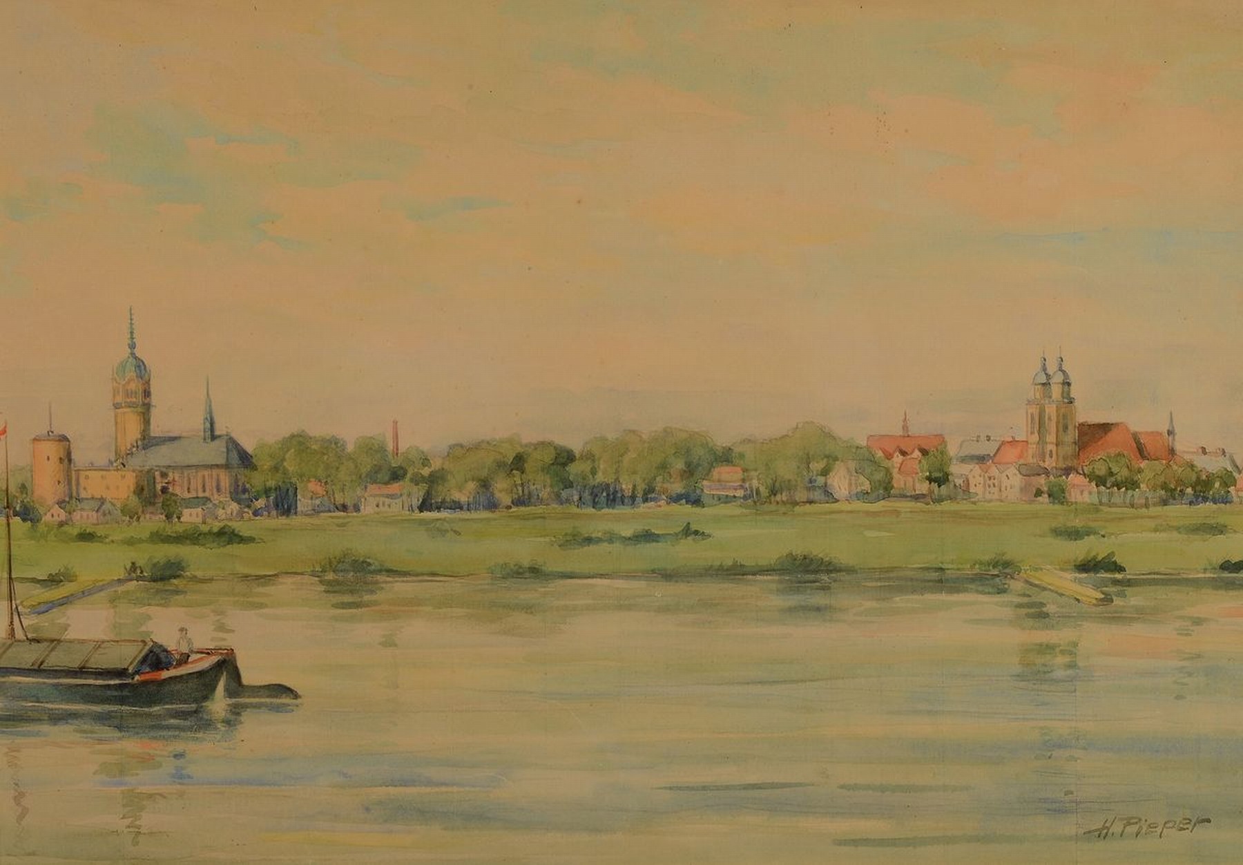Heinrich Pieper, geb. 1889, Studium an der Akademie Berlin, hier: Ansicht von Wittenberg, Aquarell auf Papier, rechts unten signiert, ca. 32x47cm, ...