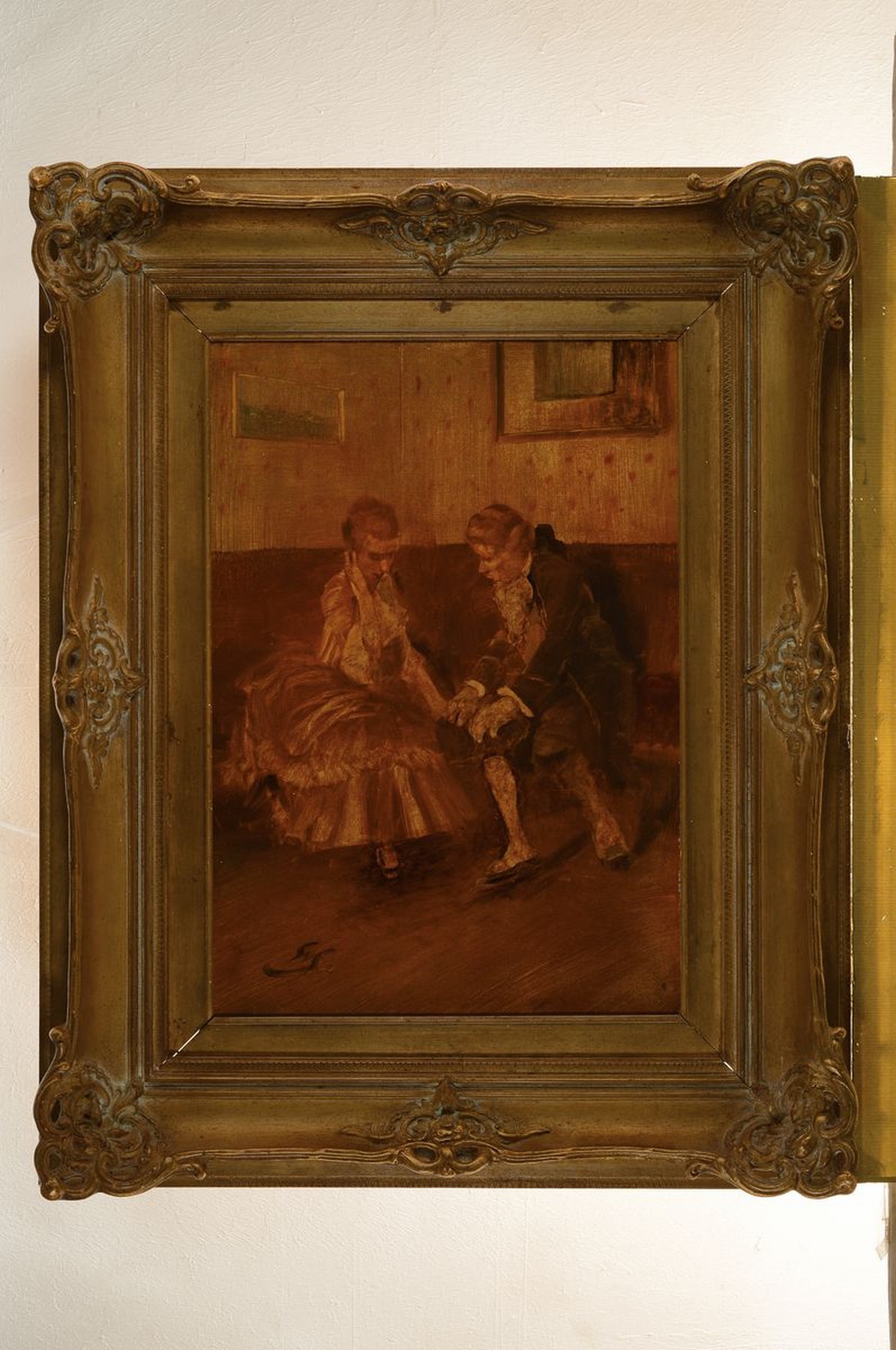 Detail k: Wilhelm Schreuer, 1866 Wesel-1933 Düsseldorf, Interieur mit galantem Paar, Öl/Holz, links unten signiert, ca. 55x38cm, R. ca. 79x63cm