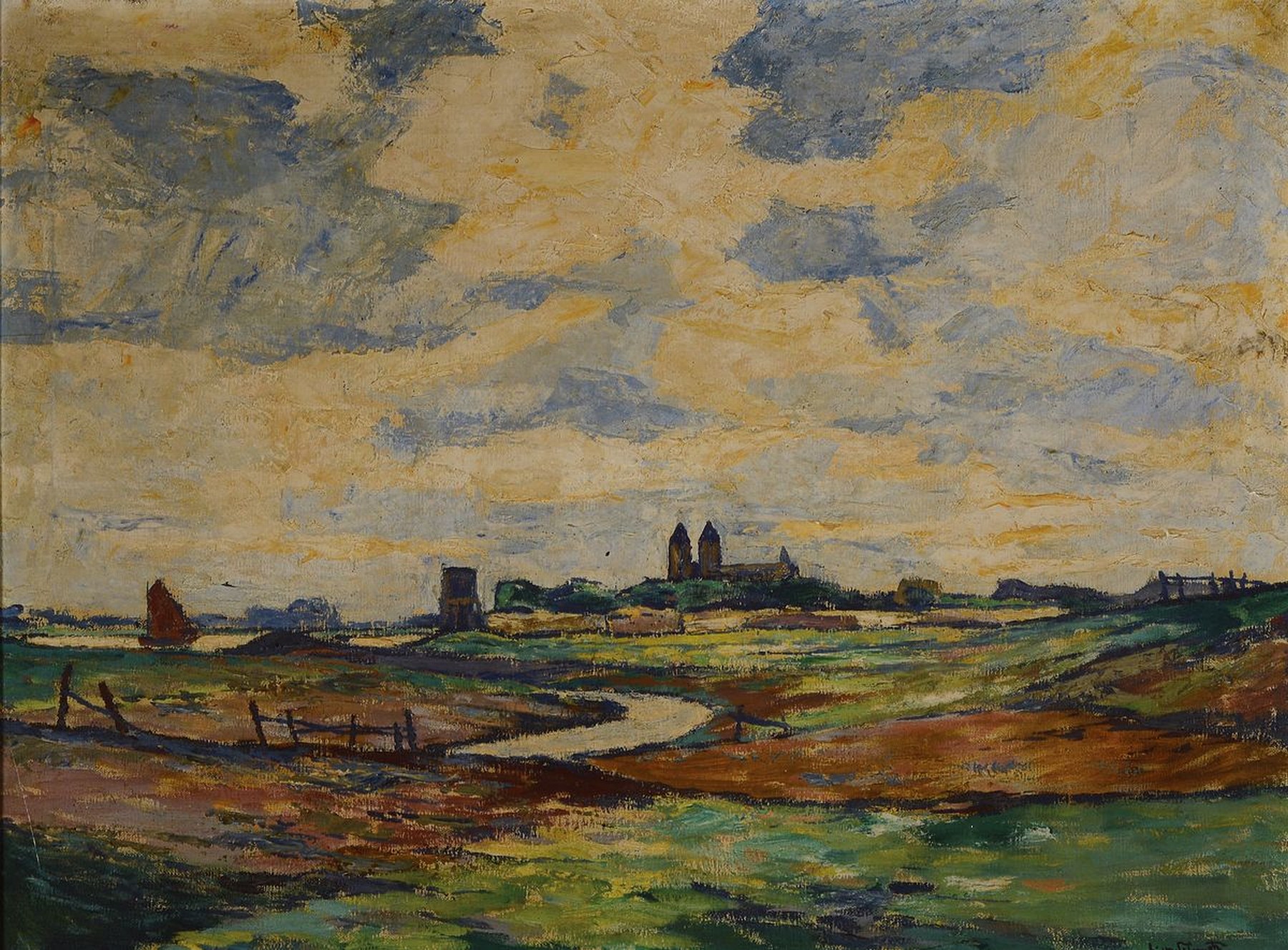 Wilhelm Schmetz, 1890 Düsseldorf-1938 Aachen, Blick auf Kaiserswerth, Öl/Lwd, rechts unten signiert, ca. 60x80cm, Reinigung empfohlen, R. ca. ...