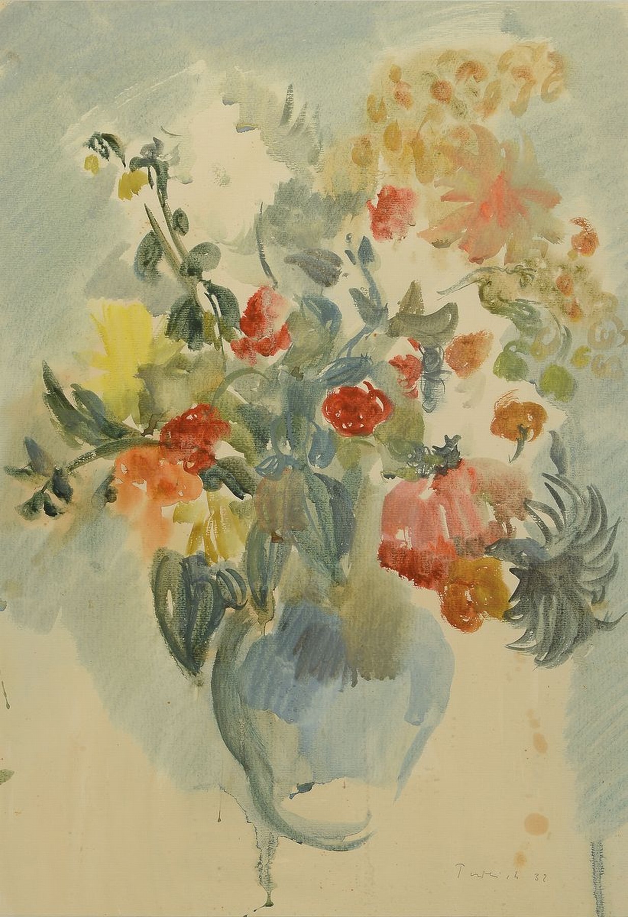 Robert Pudlich, 1905 Dortmund-1962 Düsseldorf, Blumenstillleben, Aquarell auf Papier, leicht gebräunt und teils fleckig, rechts unten signiert und ...