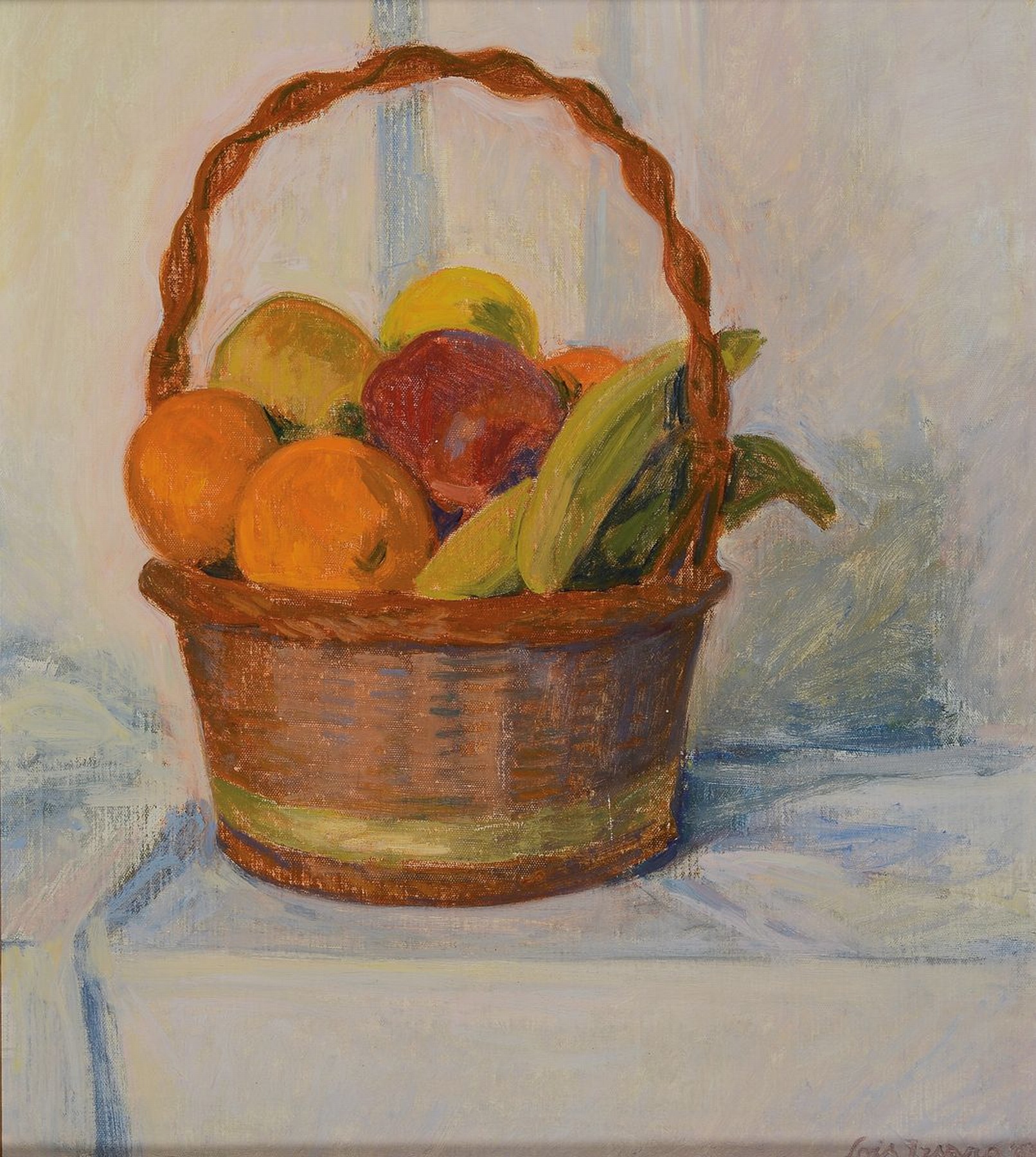 Lois Isara, 1923-2014, Stillleben mit Früchtekorb, Öl/Malkarton, rechts unten signiert, ca. 50x45cm, R. ca. 60x55cm