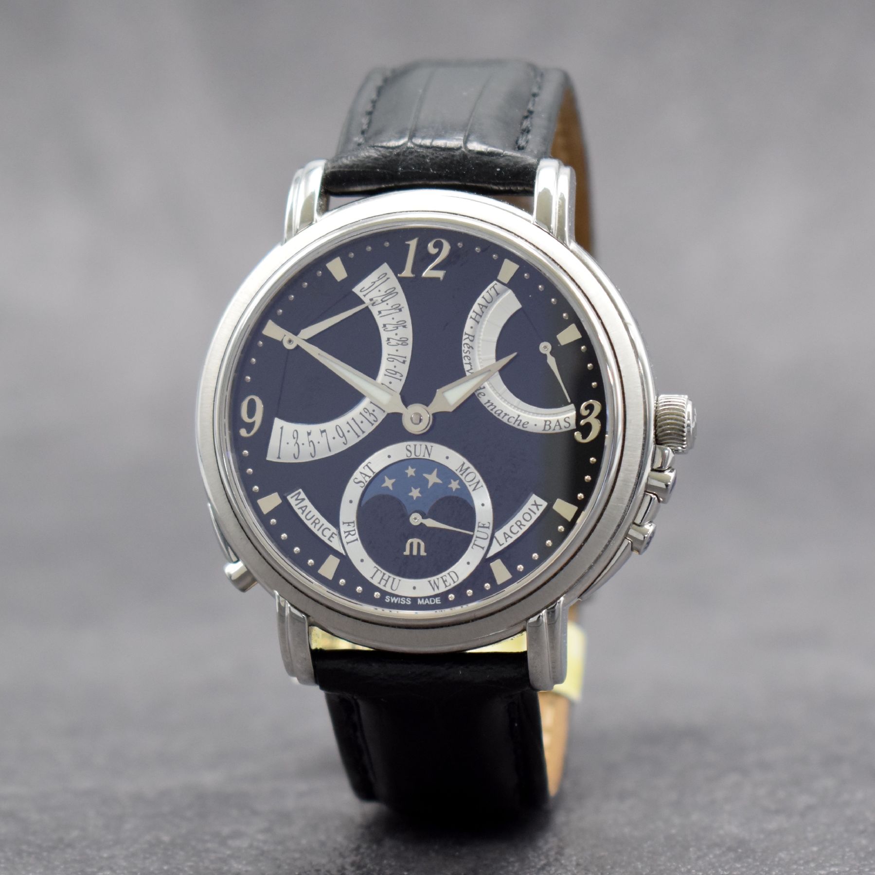 MAURICE LACROIX Lune Rétrograde Herrenarmbanduhr, Schweiz verk. lt. beil. Pap. 01/2011, Handaufzug, Ref. MP 7078, beids. vergl. Edelstahlgeh., Boden ...