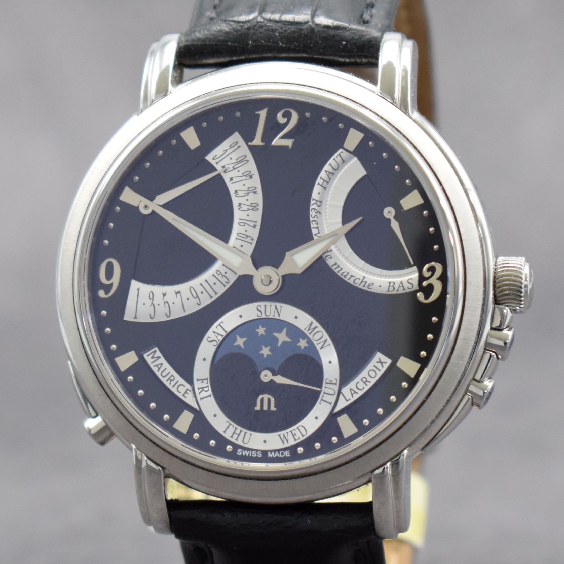 Detail a: MAURICE LACROIX Lune Rétrograde Herrenarmbanduhr, Schweiz verk. lt. beil. Pap. 01/2011, Handaufzug, Ref. MP 7078, beids. vergl. Edelstahlgeh., Boden ...