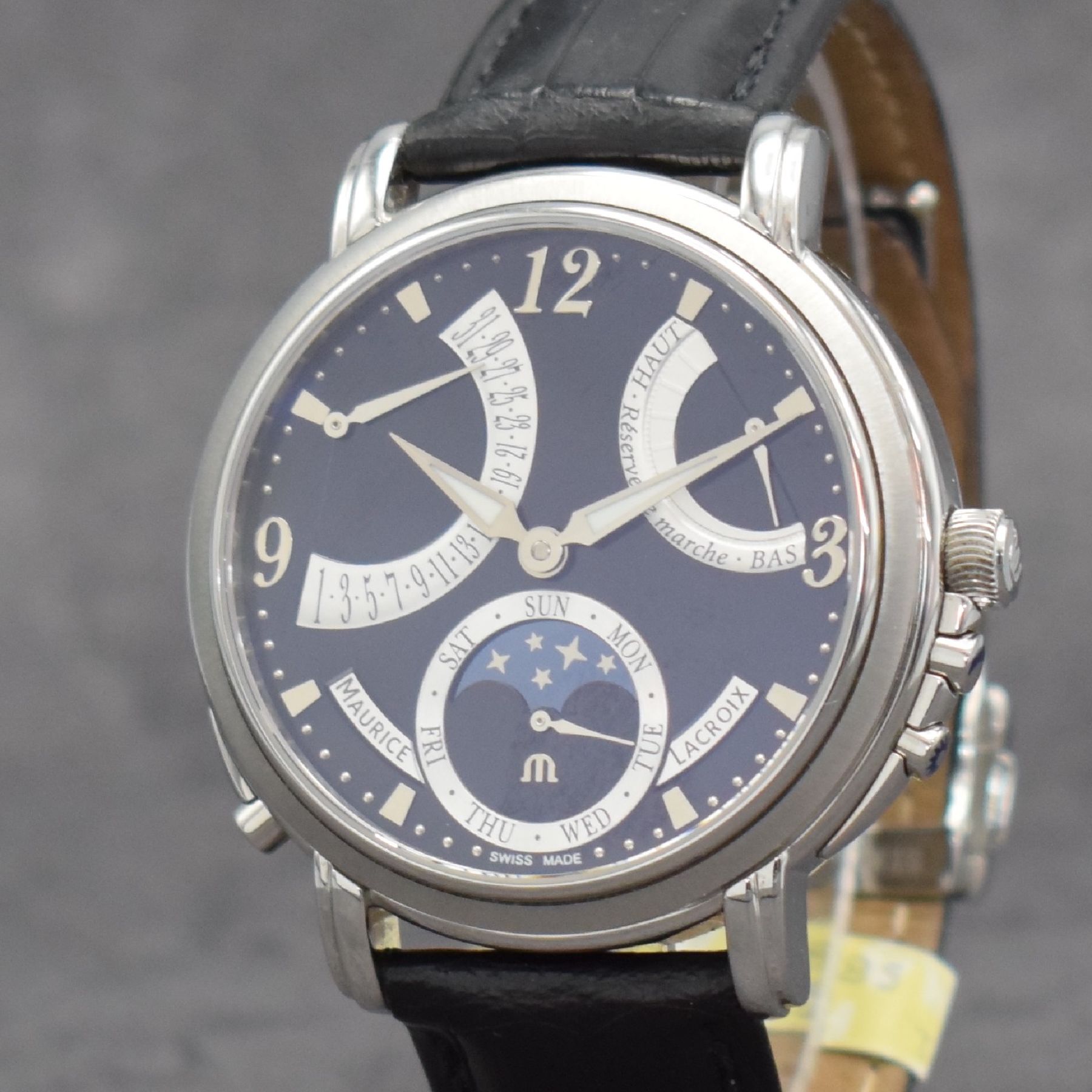 Detail c: MAURICE LACROIX Lune Rétrograde Herrenarmbanduhr, Schweiz verk. lt. beil. Pap. 01/2011, Handaufzug, Ref. MP 7078, beids. vergl. Edelstahlgeh., Boden ...