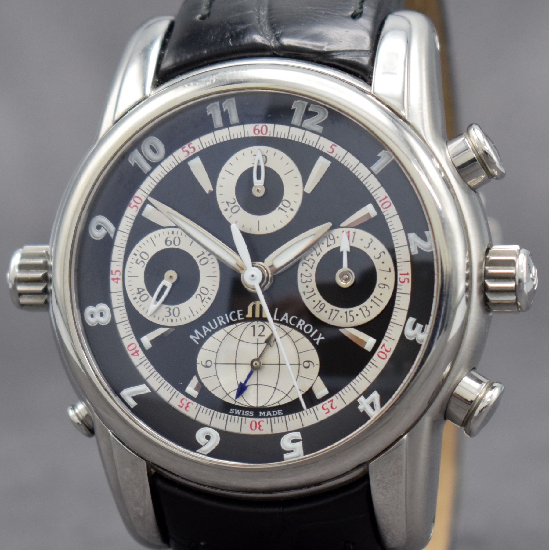 Detail a: MAURICE LACROIX Armbandchronograph Masterpiece Chrono Globe, Schweiz verk. lt. beil. Pap. 11/2006, Automatik, Ref. MP 6398, beids. vergl. ...