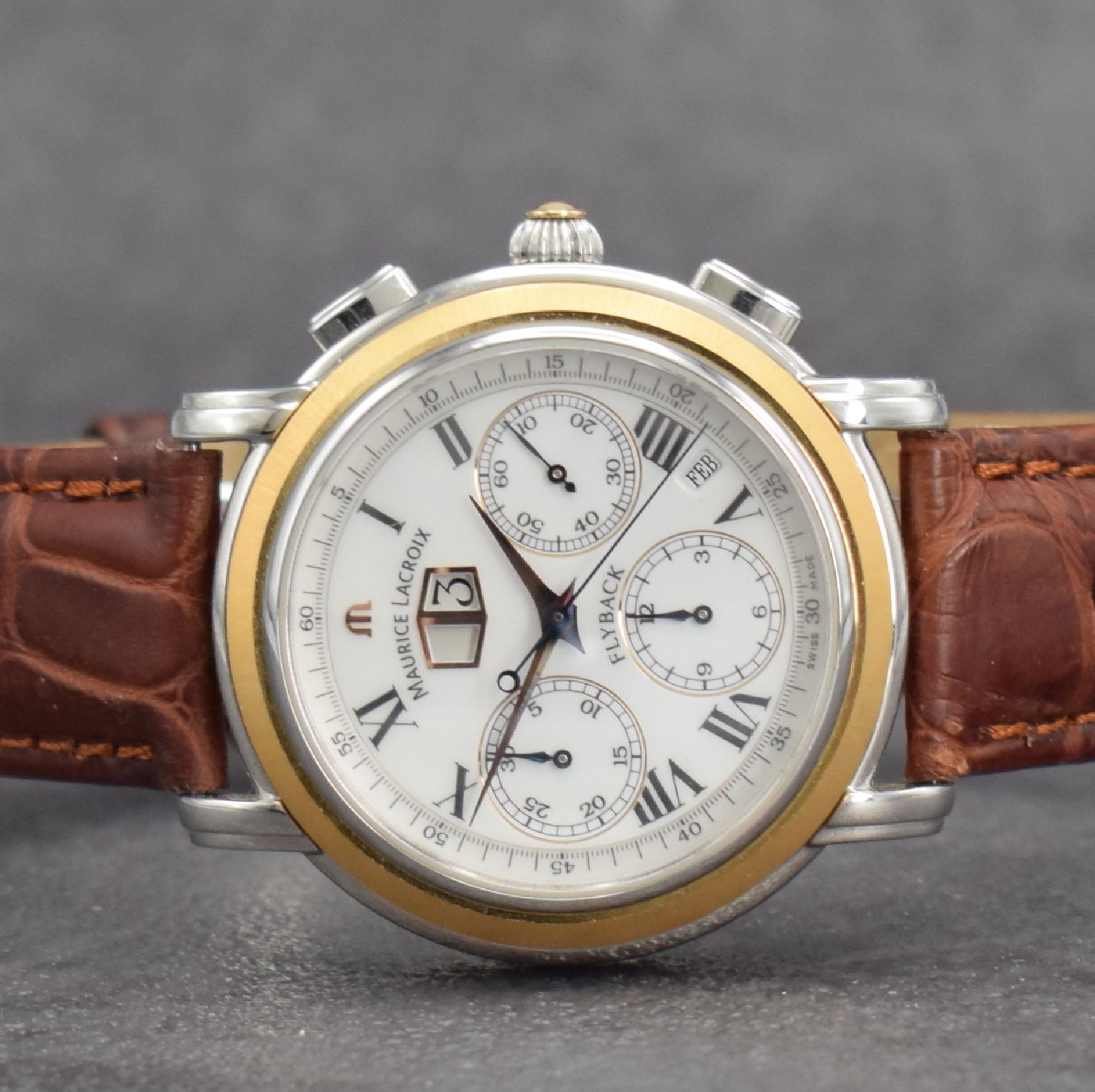 Detail a: MAURICE LACROIX Flyback Herrenarmbanduhr mit Chronograph, Schweiz um 2005, Automatik, Ref. 15827, beids. vergl. Edelstahlgeh., Boden 6-fach verschr., ...